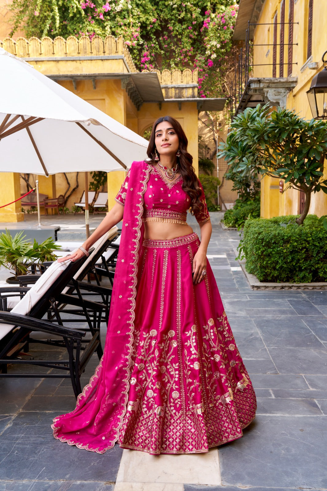 Rani Pink Natural Silk Sequins & Thread Embroidered Lehenga Choli Set with Organza Dupatta – Stitched 4-Meter Flair Lehenga with Double Cancan & Designer Unstitched Blouse