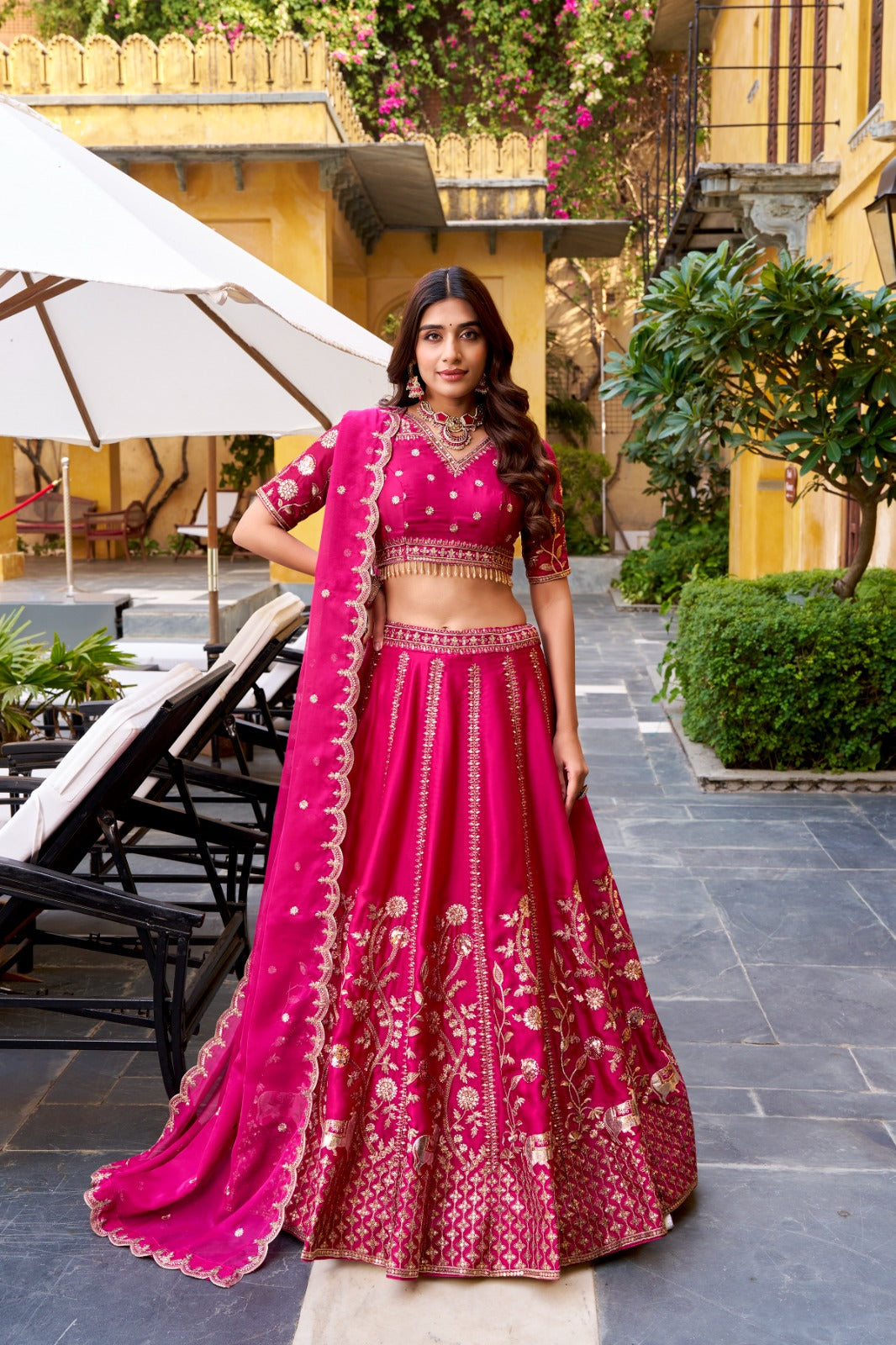 Rani Pink Natural Silk Sequins & Thread Embroidered Lehenga Choli Set with Organza Dupatta – Stitched 4-Meter Flair Lehenga with Double Cancan & Designer Unstitched Blouse