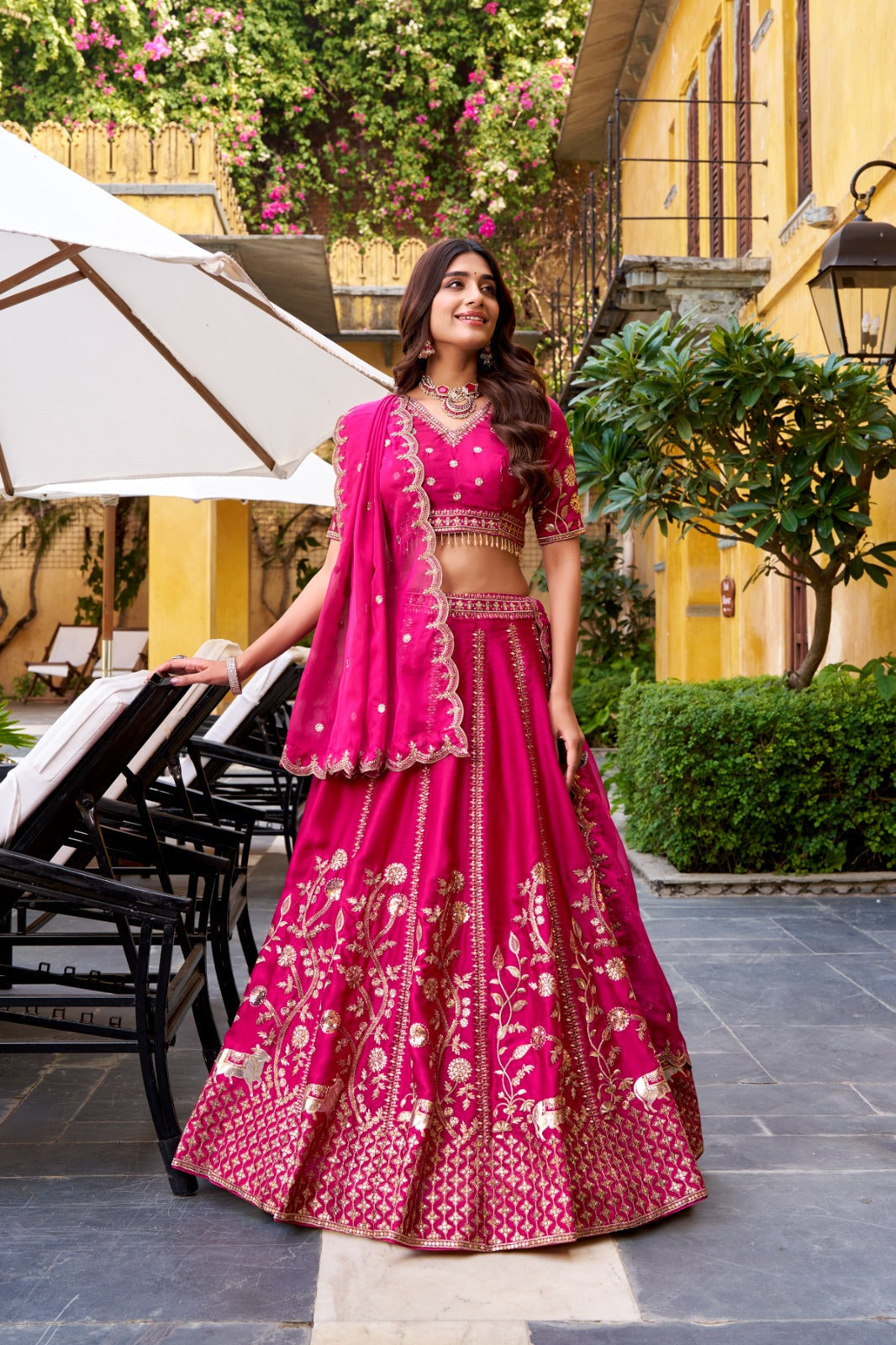 Rani Pink Natural Silk Sequins & Thread Embroidered Lehenga Choli Set with Organza Dupatta – Stitched 4-Meter Flair Lehenga with Double Cancan & Designer Unstitched Blouse