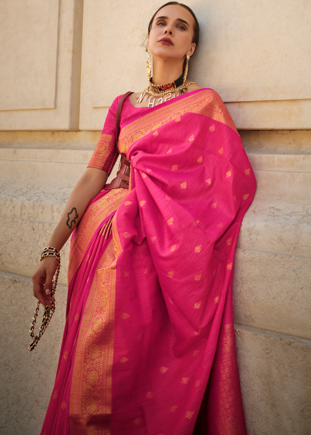 Rani Pink Regal Banarasi Blended Silk Saree with Intricate Timeless Design & Unstitched Blouse