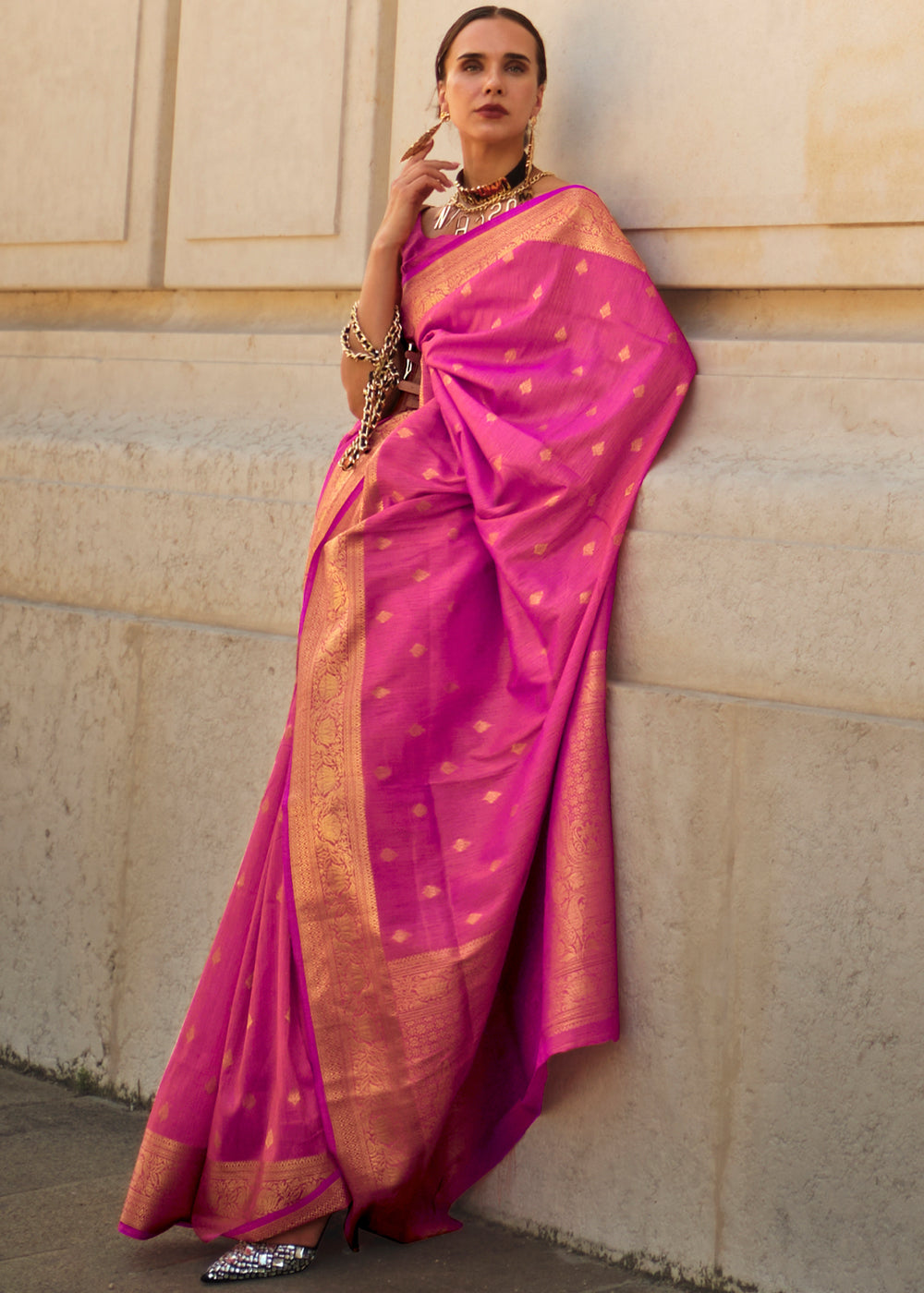 Rani Pink Regal Banarasi Blended Silk Saree with Intricate Timeless Design & Unstitched Blouse