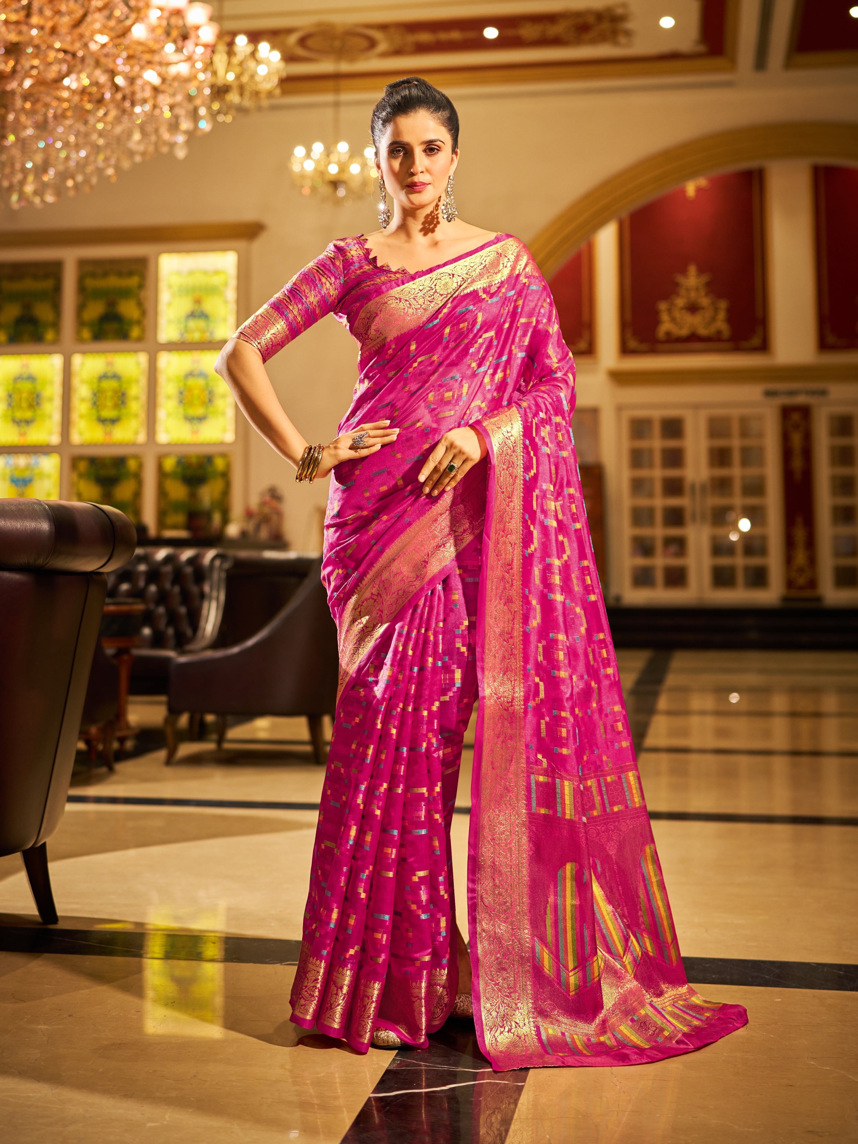 Rani Pink Regal Kanjeevaram Organza Saree with Zari Woven Border