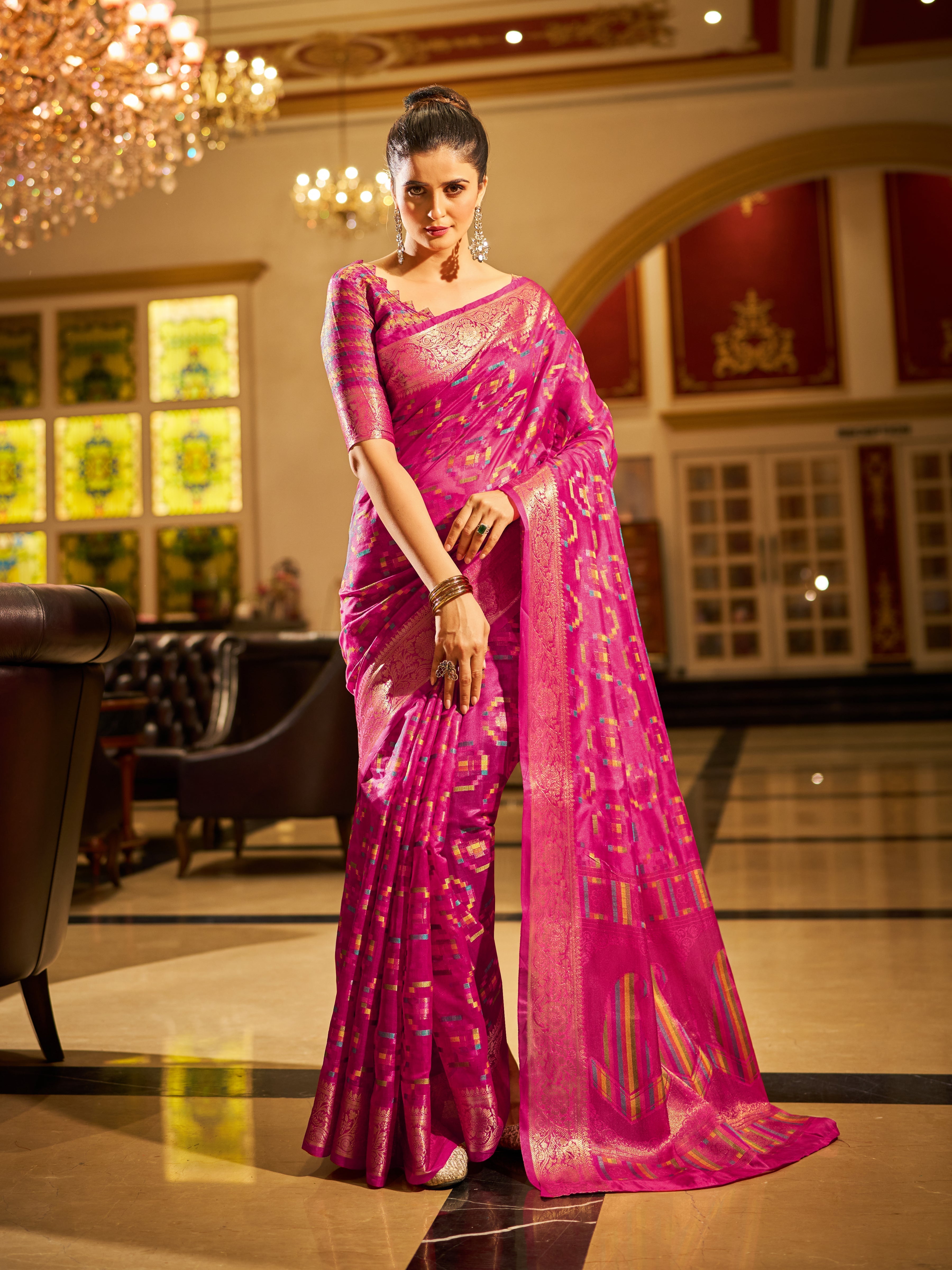 Rani Pink Regal Kanjeevaram Organza Saree with Zari Woven Border