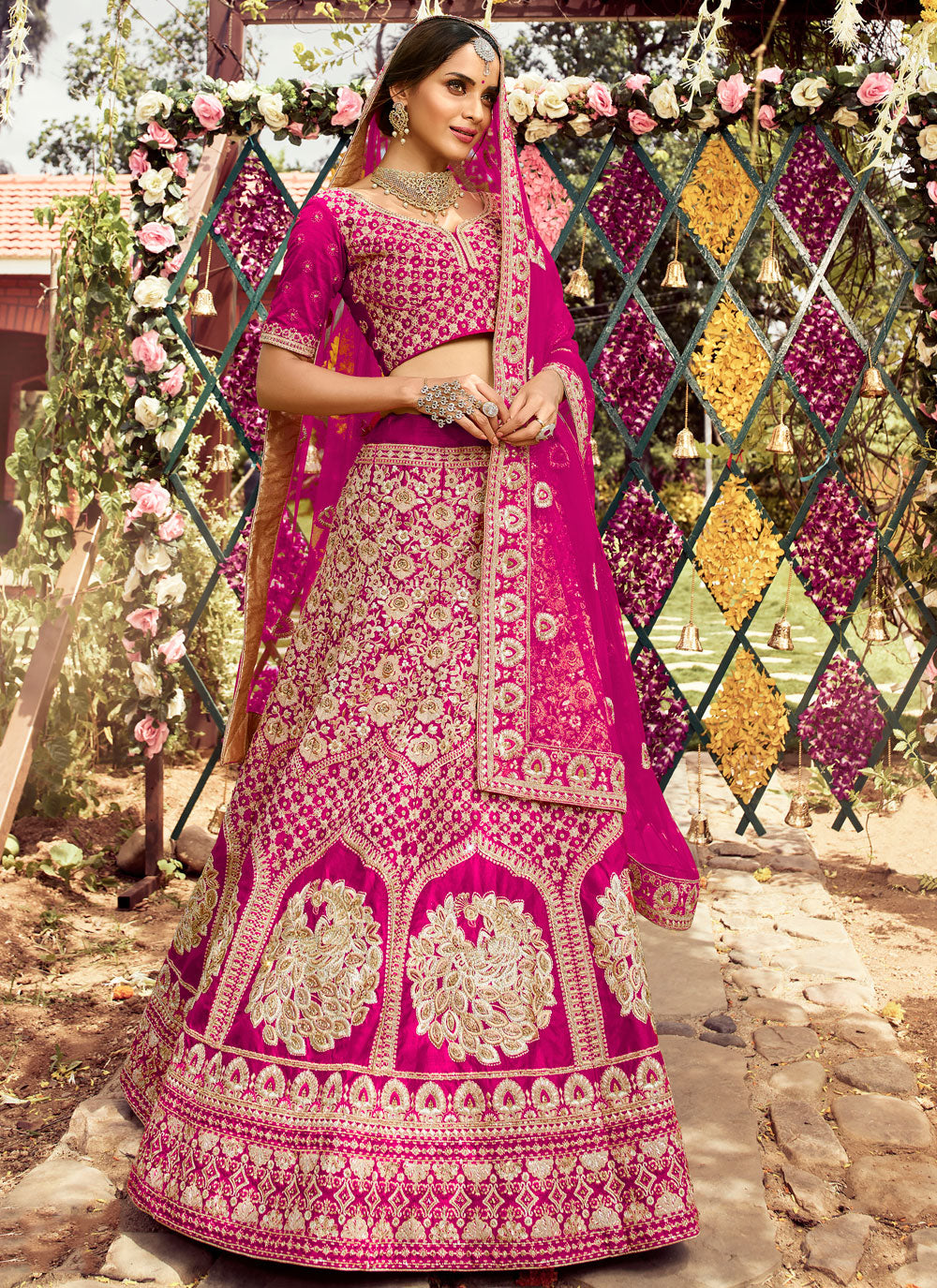 Rani-Pink Embroidered Silk Semi Stitched Lehenga