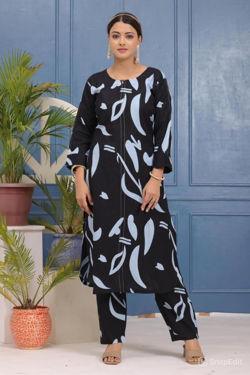 Rayon 14 Kg Digital Printed Coord Set – Umbrella Kurti with Katha Work & Pant