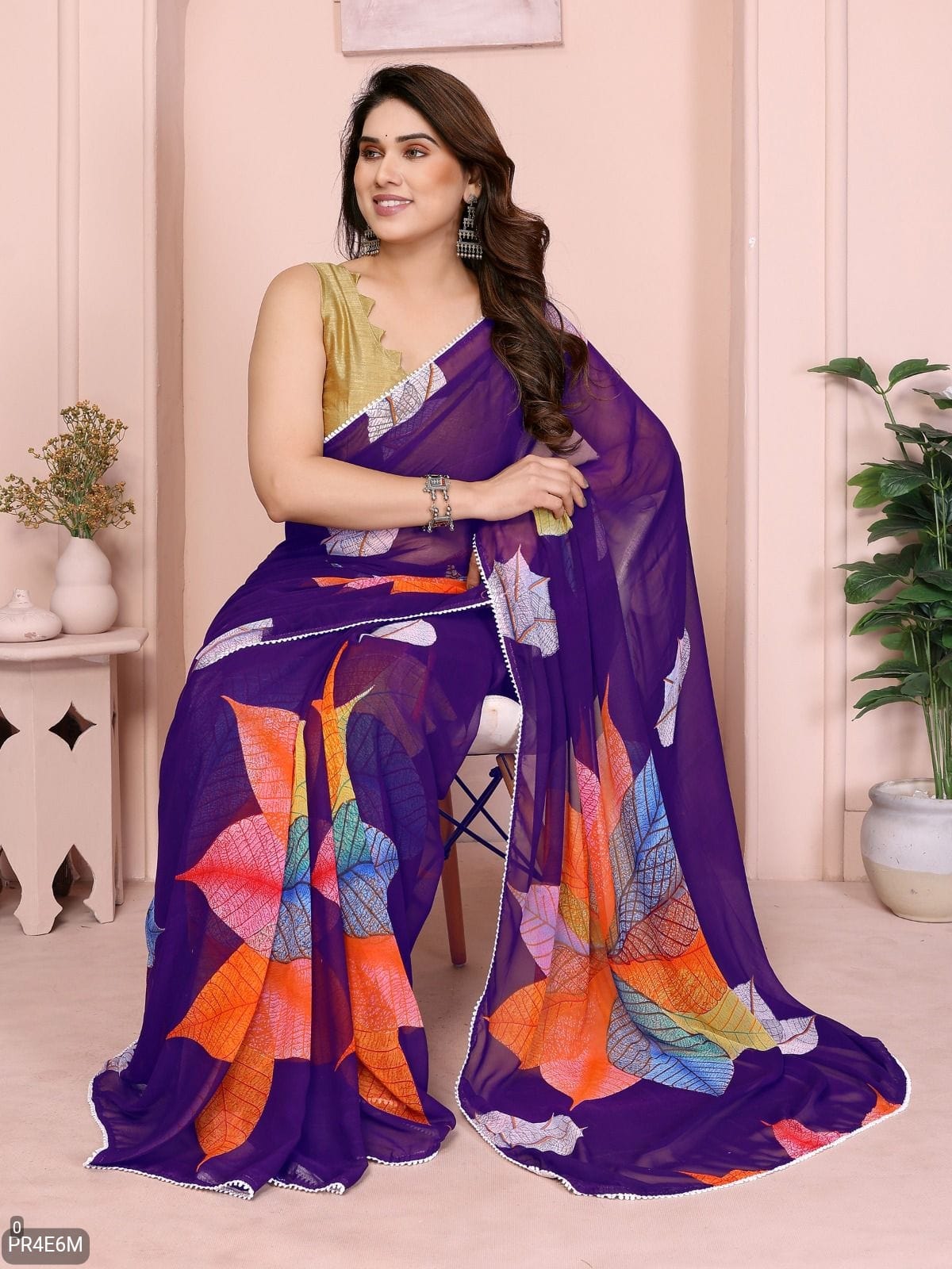 Ready-to-Wear Georgette Printed Leaf Saree with Lace Work & Banglori Silk Blouse