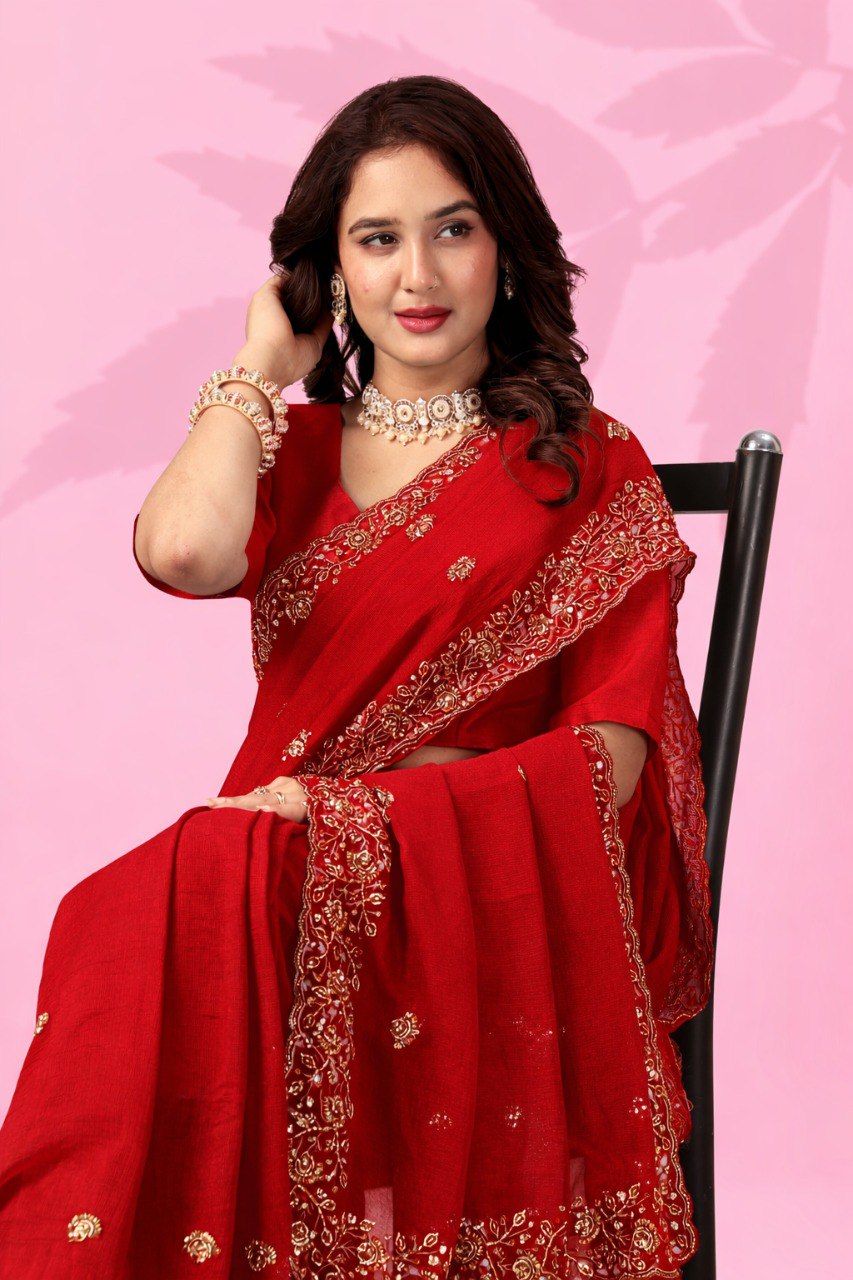 Red Art Silk Sequins Saree