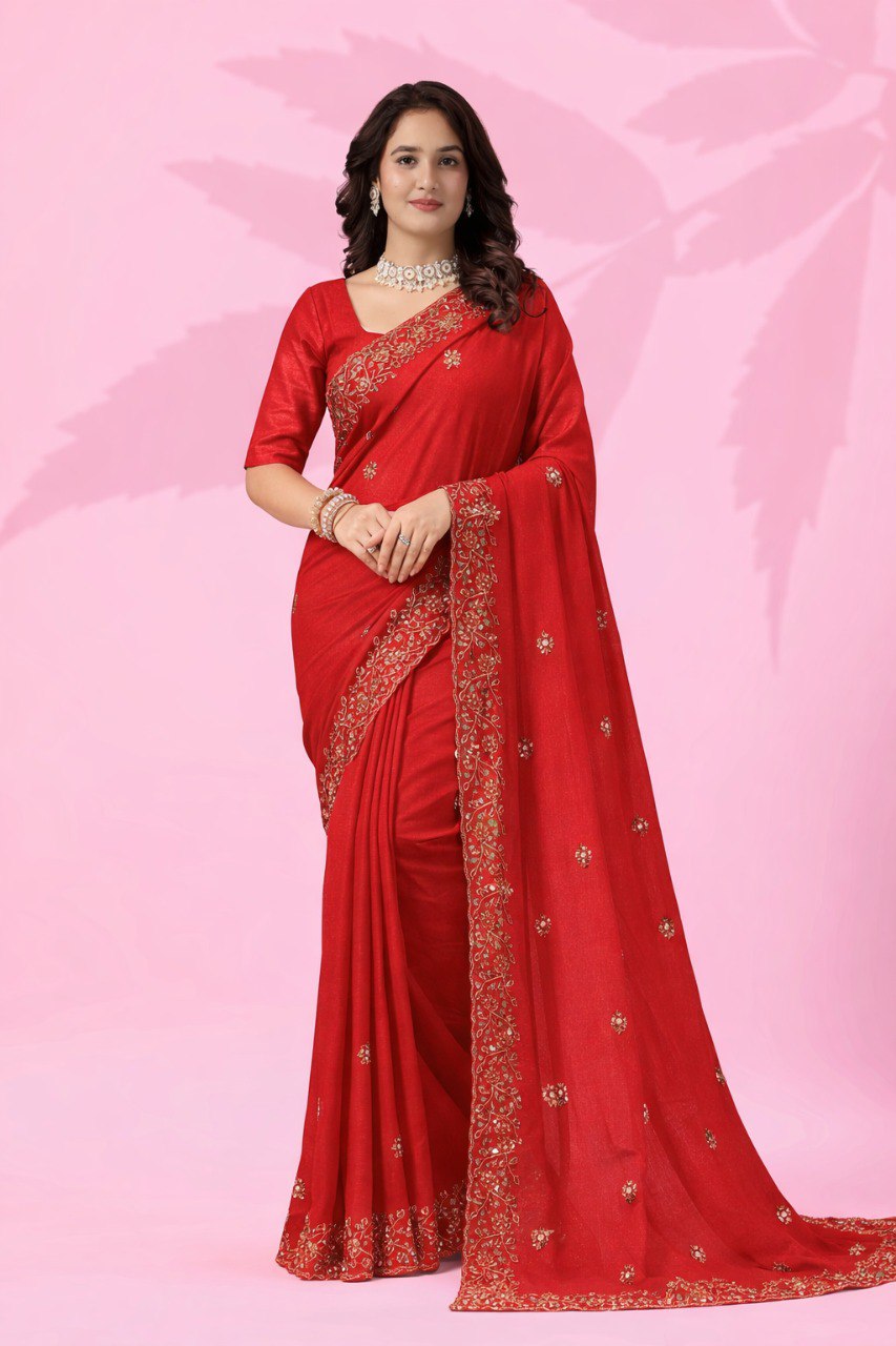 Red Art Silk Sequins Saree