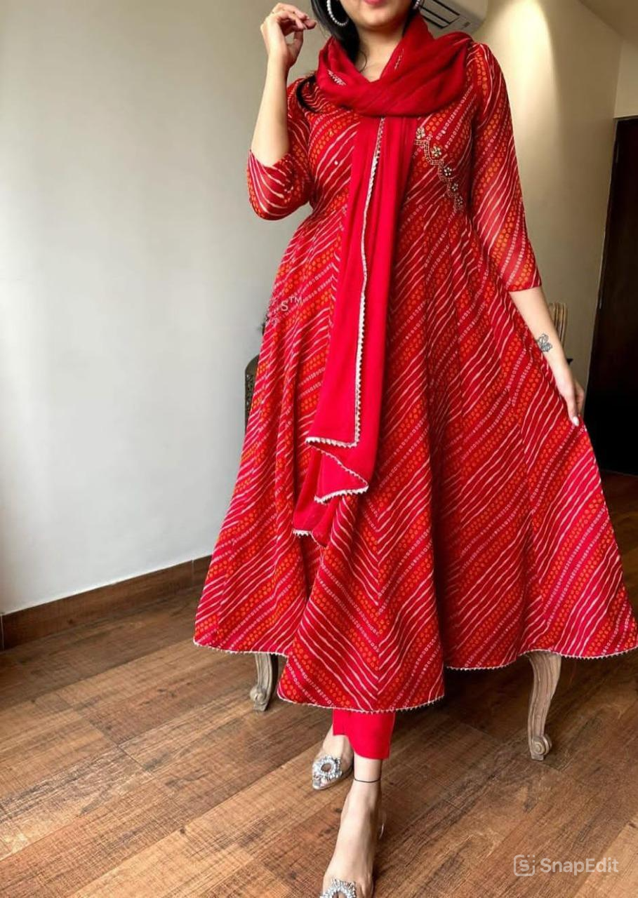 Red Bandej Cotton Anarkali Suit Set with Zardozi Work – 3 Piece