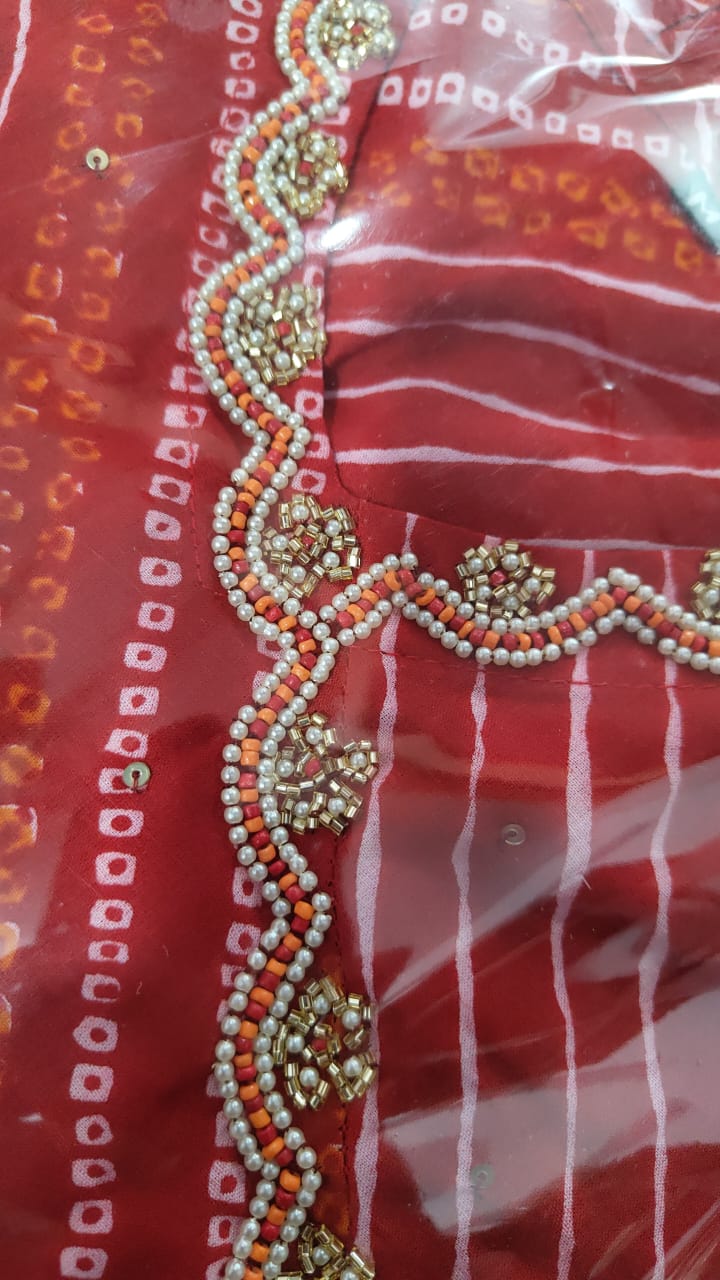 Red Bandej Cotton Anarkali Suit Set with Zardozi Work – 3 Piece