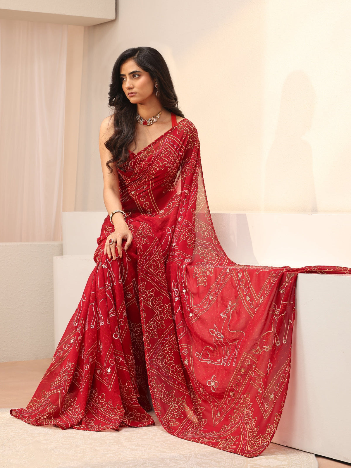 Anouk Red Bandhani Printed Georgette Saree