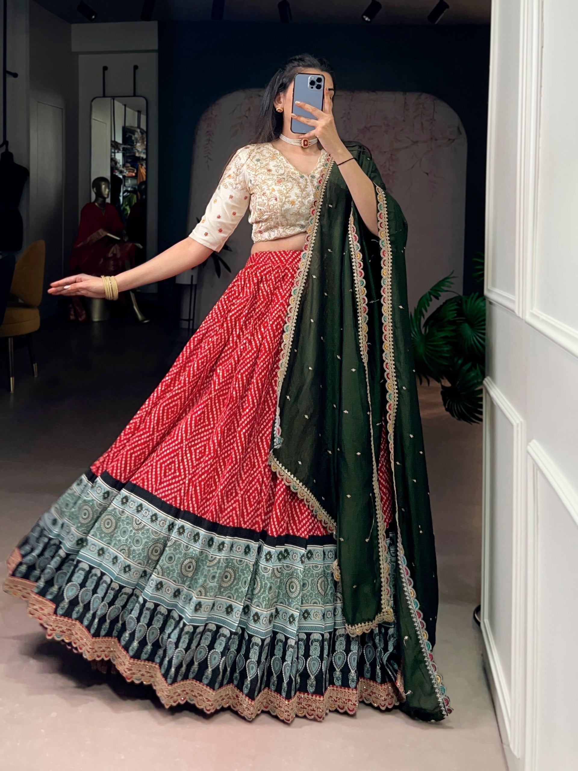 Red Bandhej & Ajrakh Printed Lehenga Choli Set