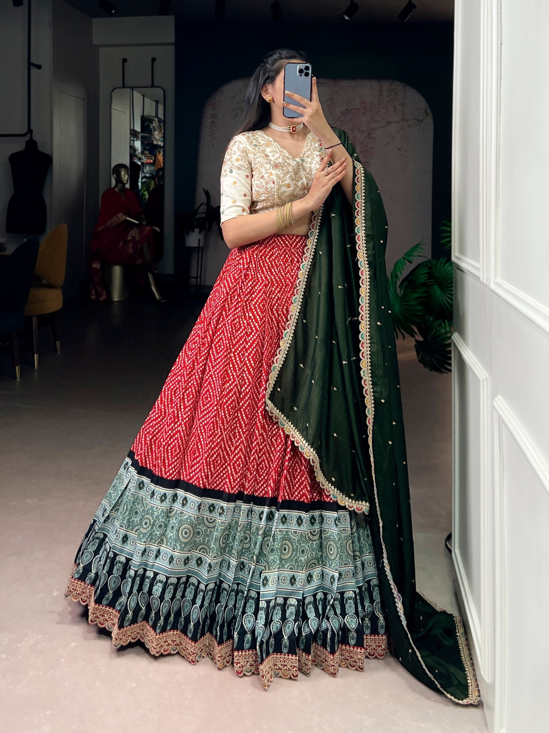 Red Bandhej & Ajrakh Printed Lehenga Choli Set