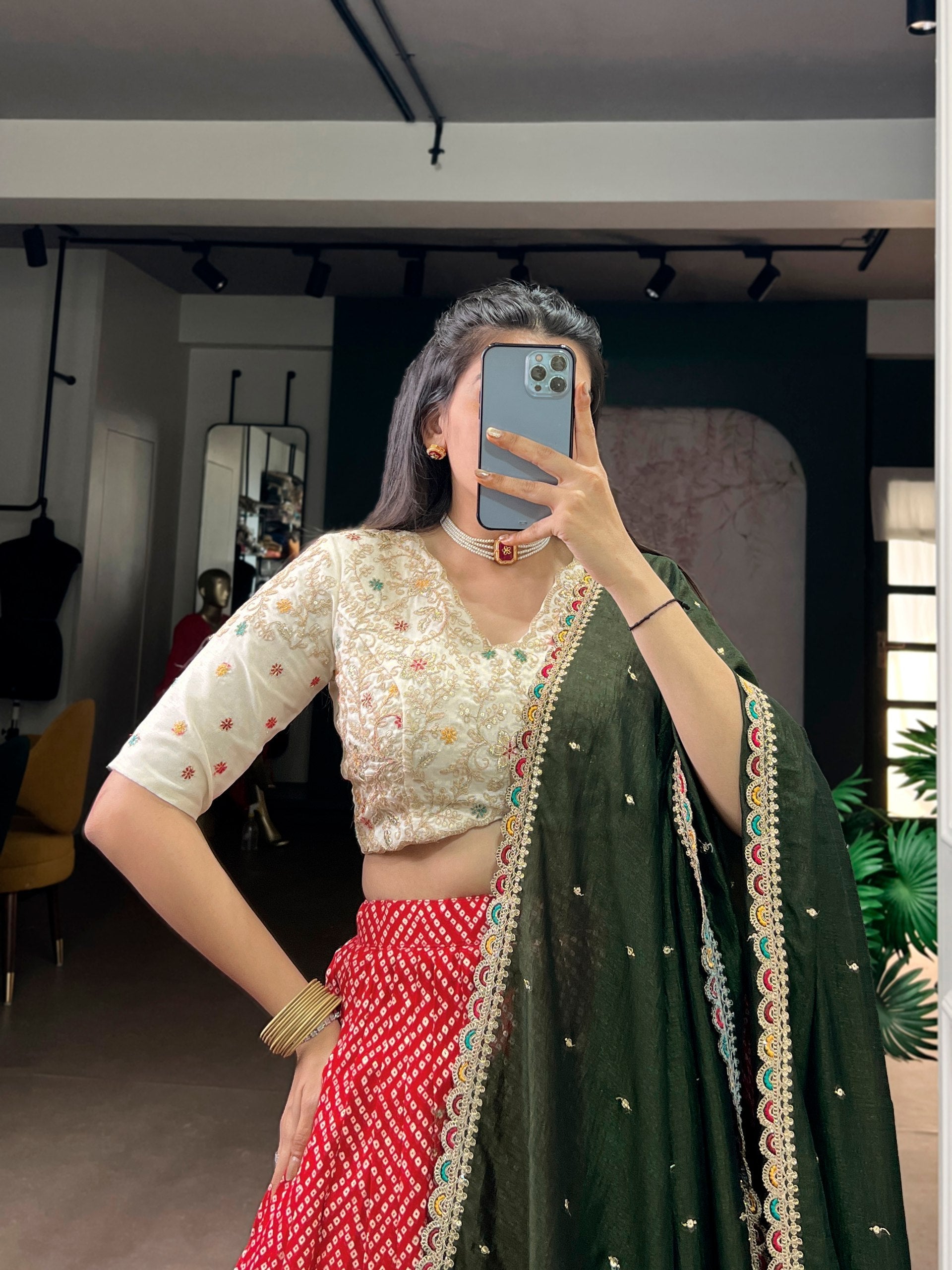 Red Bandhej & Ajrakh Printed Lehenga Choli Set