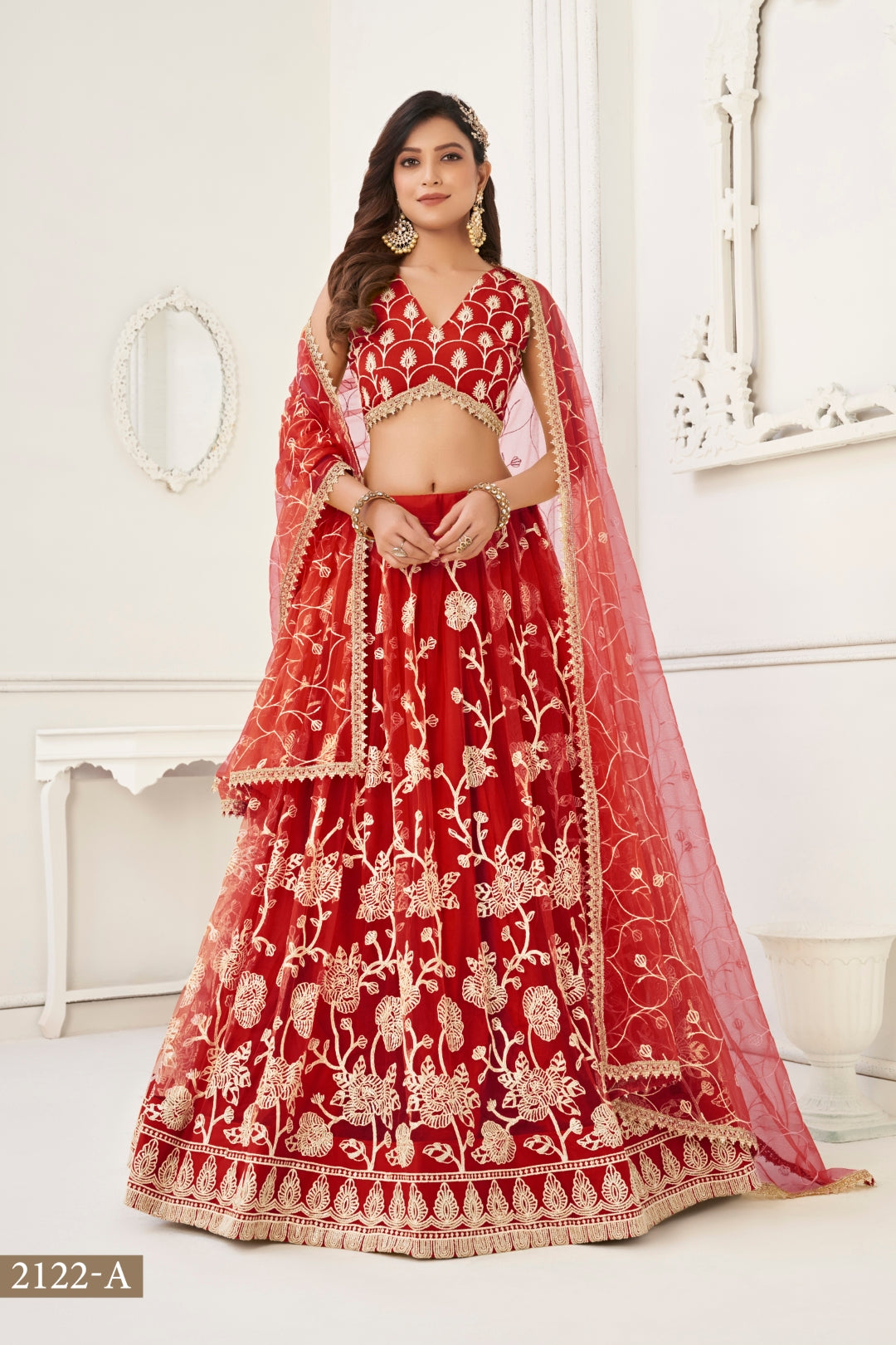 Red Butterfly Net Lehenga with White Cotton Thread Work and Sequence Embroidery