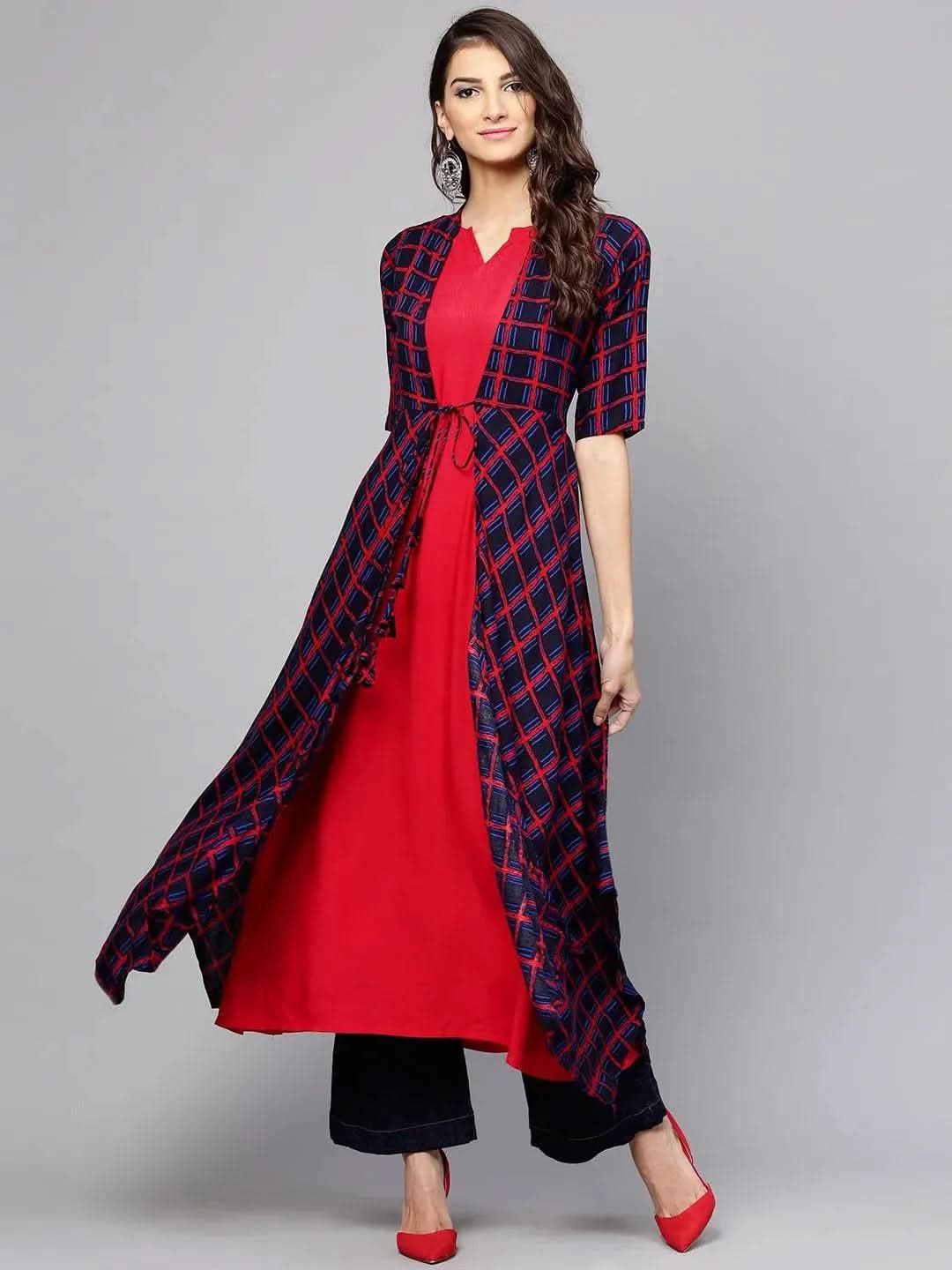 Anouk Red Checkered Rayon Kurta With Jacket