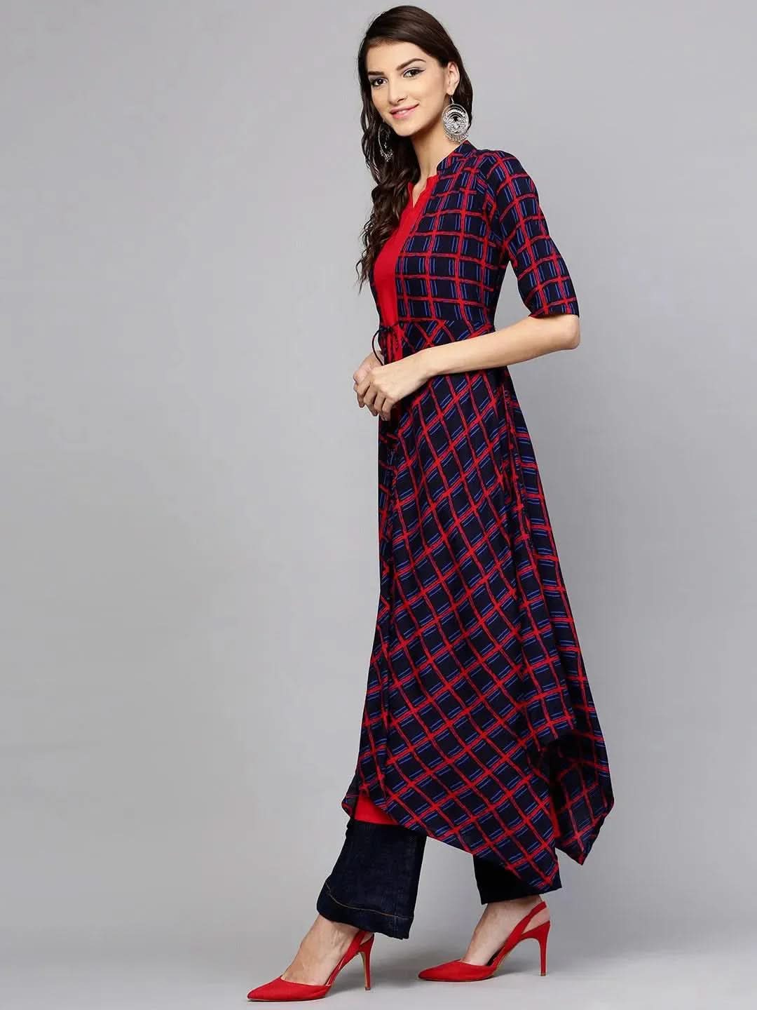Anouk Red Checkered Rayon Kurta With Jacket