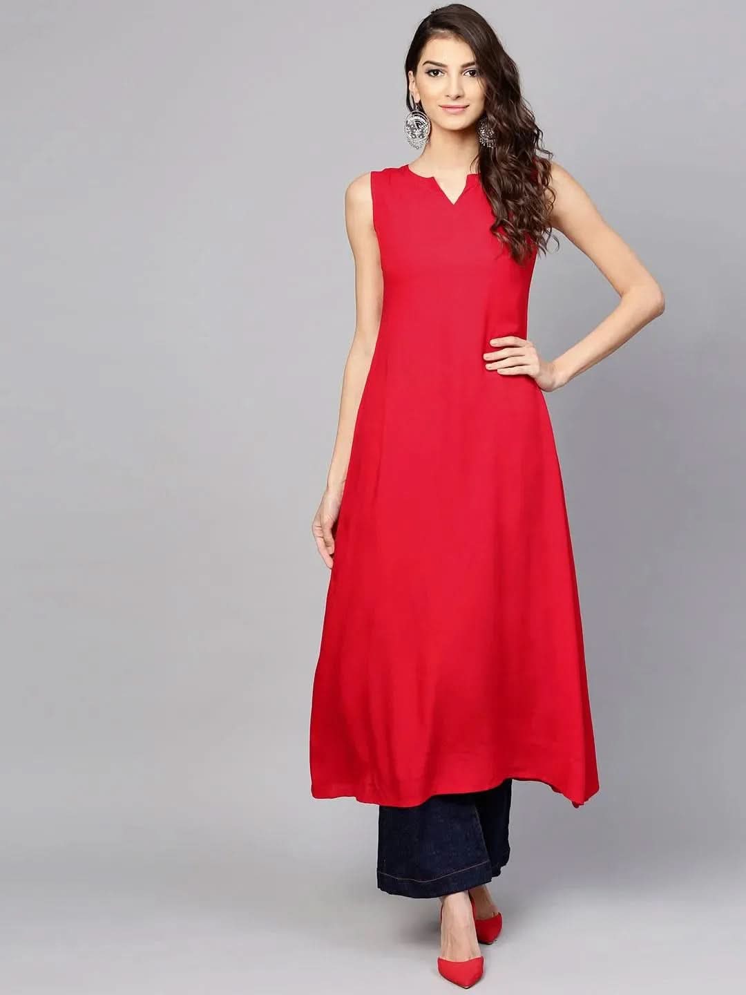 Anouk Red Checkered Rayon Kurta With Jacket