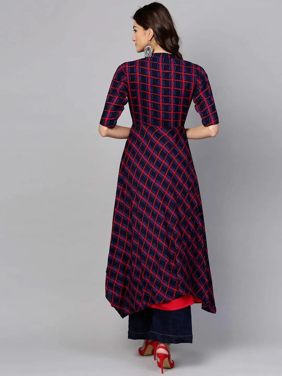 Anouk Red Checkered Rayon Kurta With Jacket