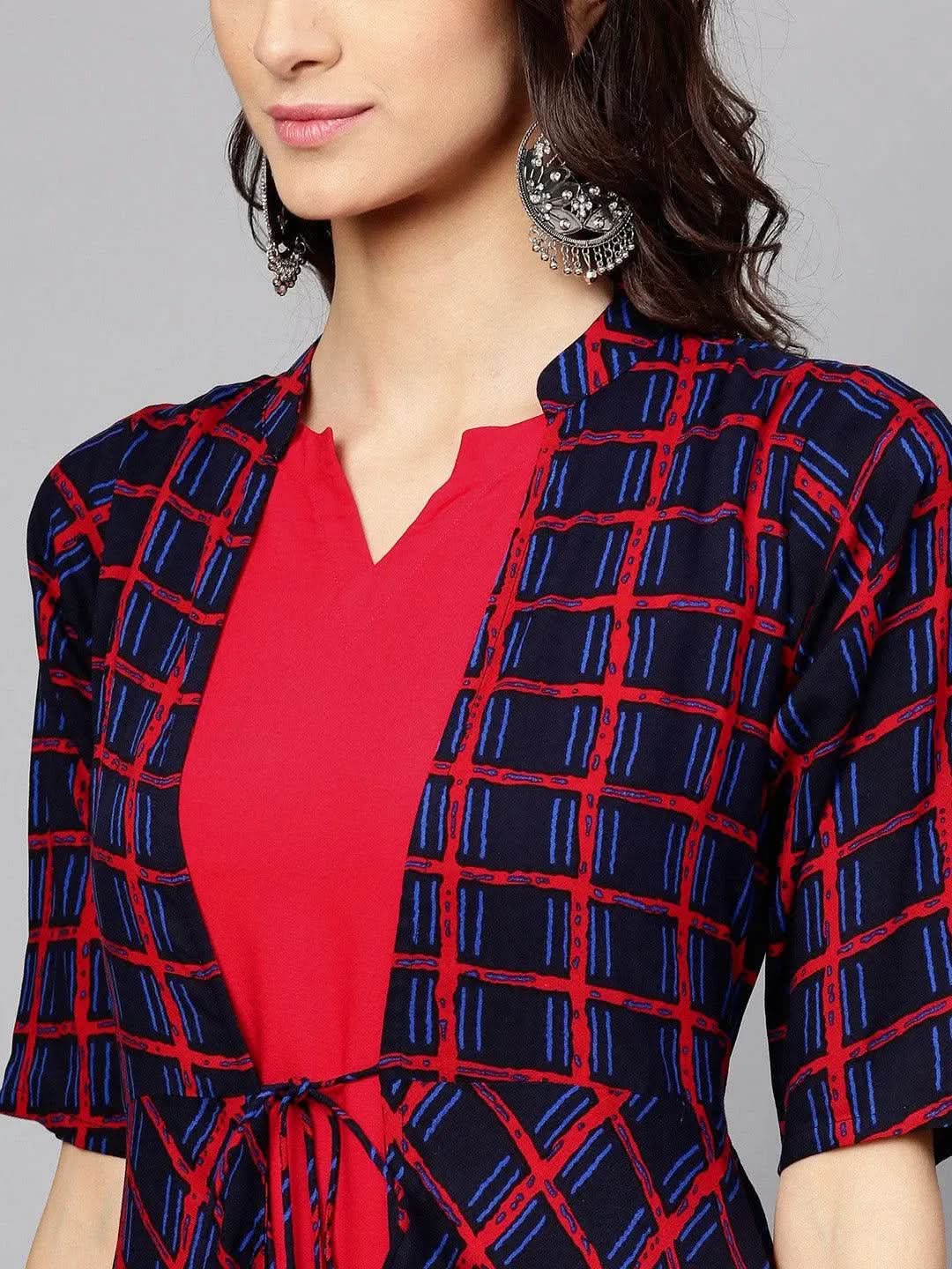 Anouk Red Checkered Rayon Kurta With Jacket