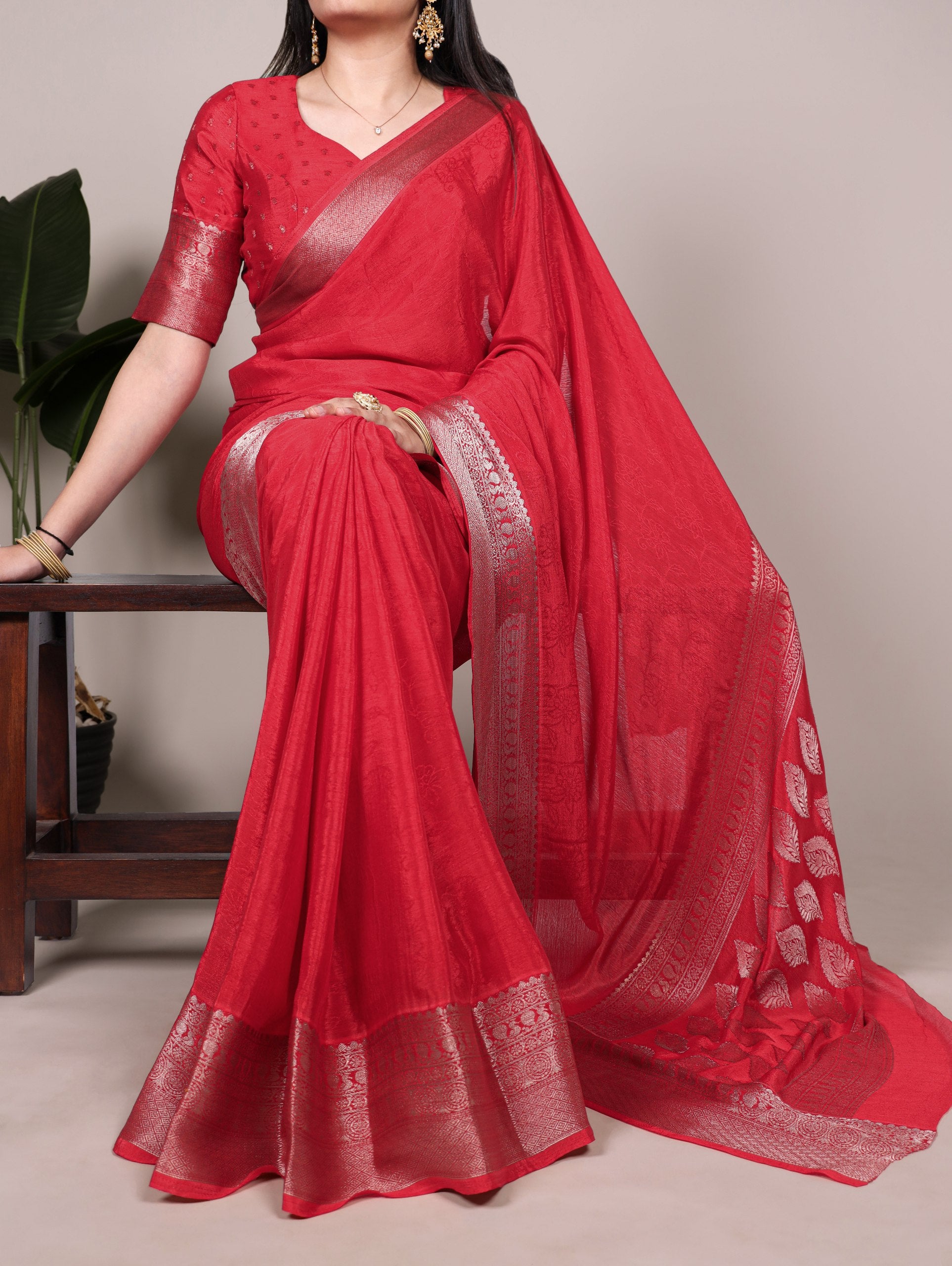 Red Chinon Self-Printed Saree with Zari Weaving Work & Matching Unstitched Blouse – Lightweight Festive & Traditional Wear Saree for Women