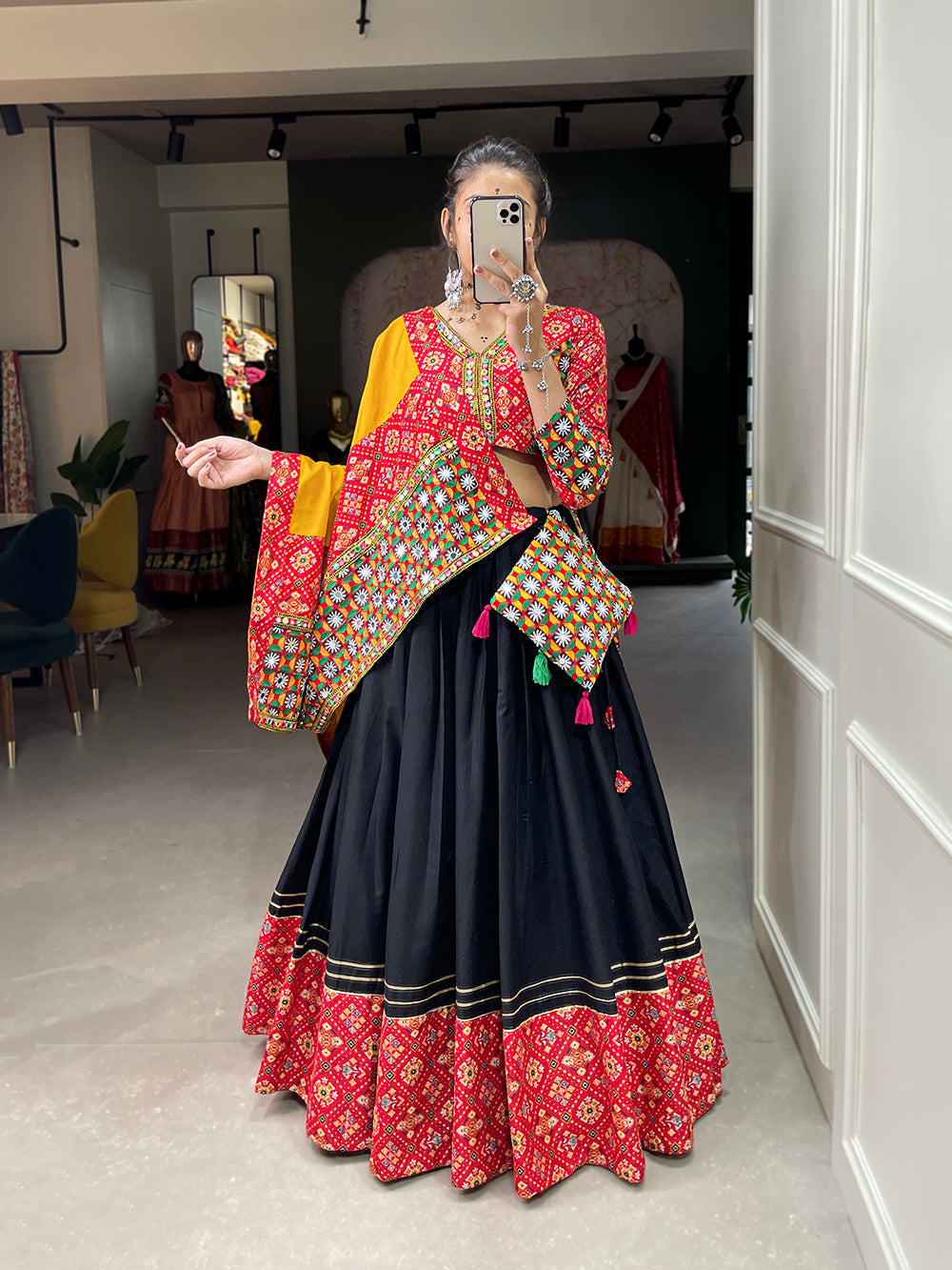 Red Color Digital Printed And Gamthi Work Cotton Chaniya Choli