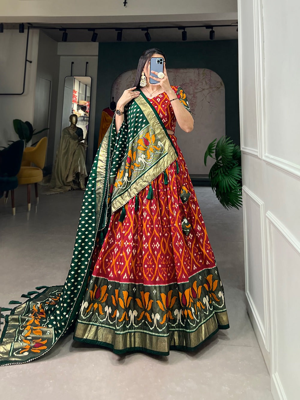 Red Color Exuberant Dola Silk Lehenga Set with Stunning Foil Prints