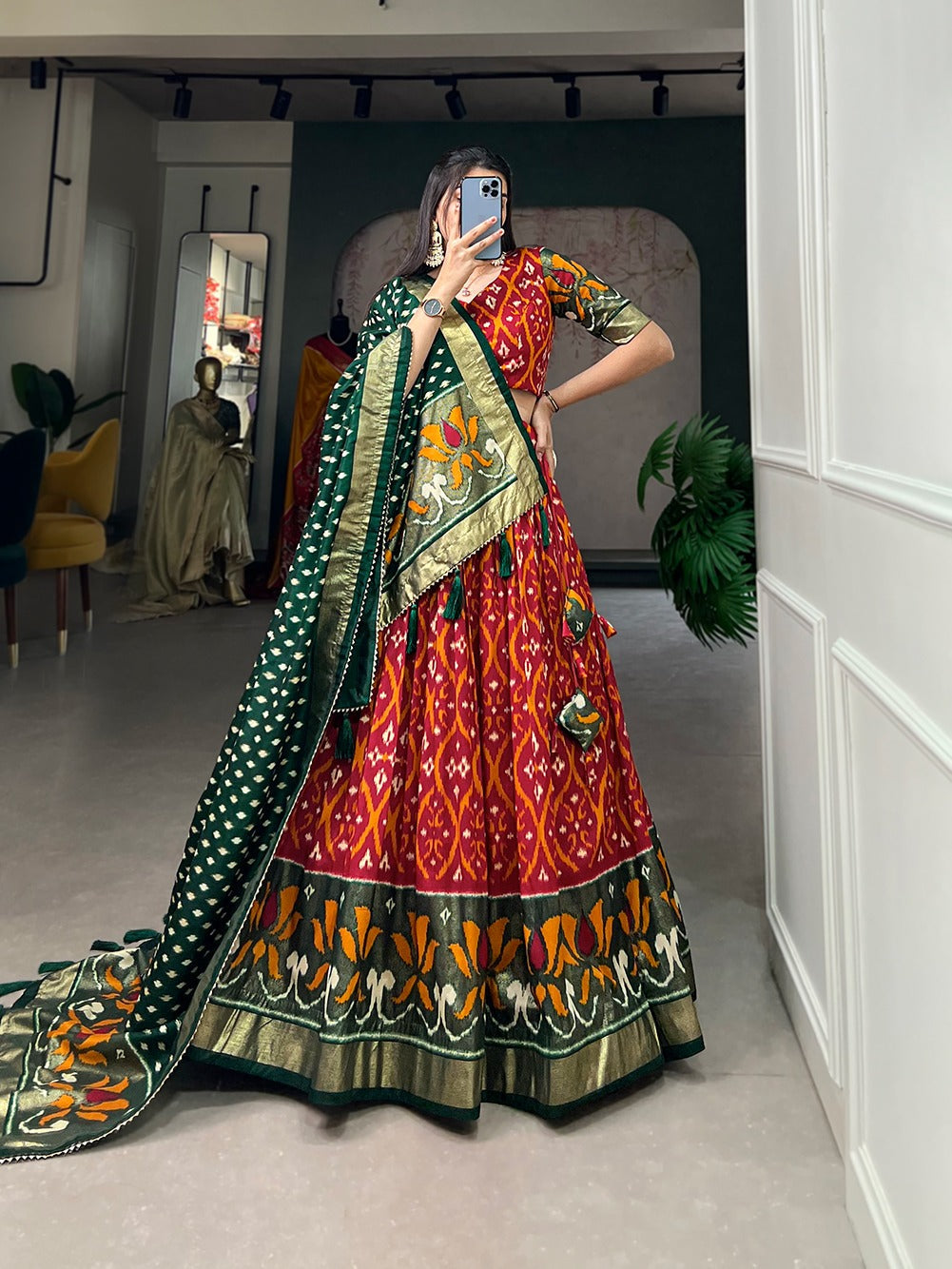 Red Color Exuberant Dola Silk Lehenga Set with Stunning Foil Prints