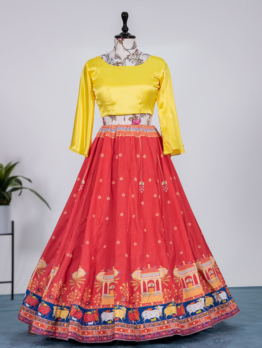 Red Color Vaishali Silk Lehenga Co-ord Set with Fairy Sleeves