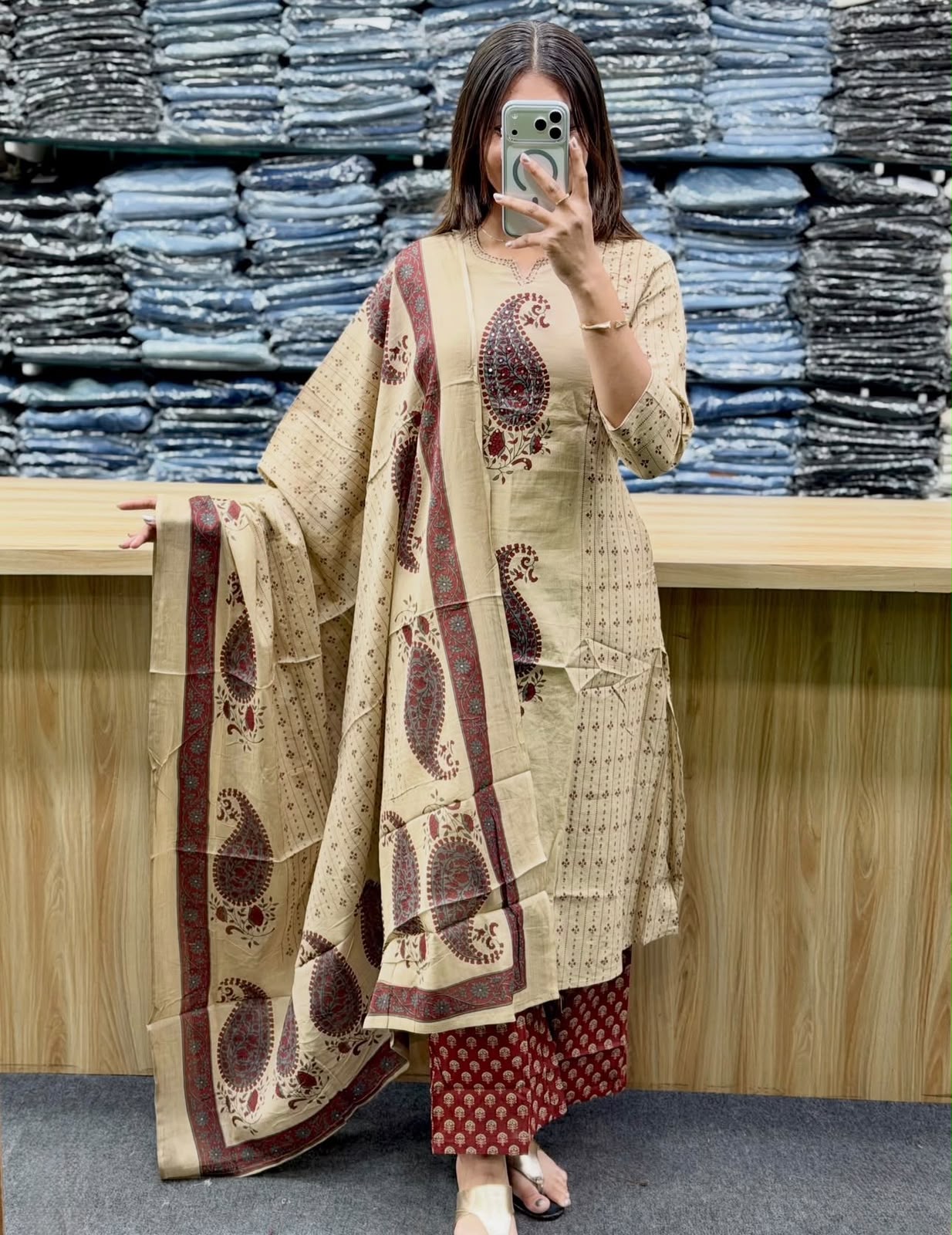 Red Cotton 60×60 Kairi Print Kurti Pant Dupatta Suit Set