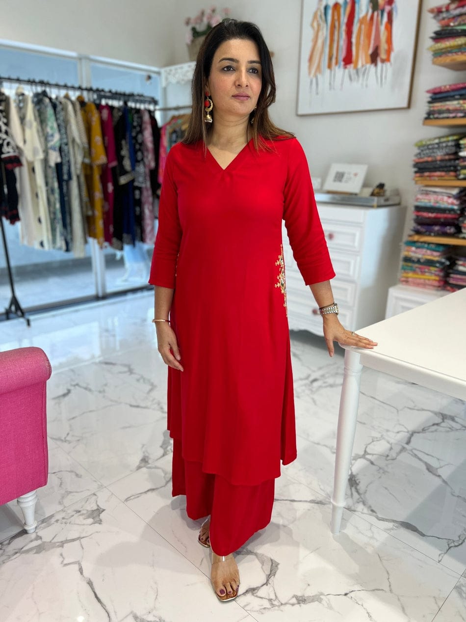 Red Cotton 60*60 Kurti Palazzo Set with Both Side Pocket Work