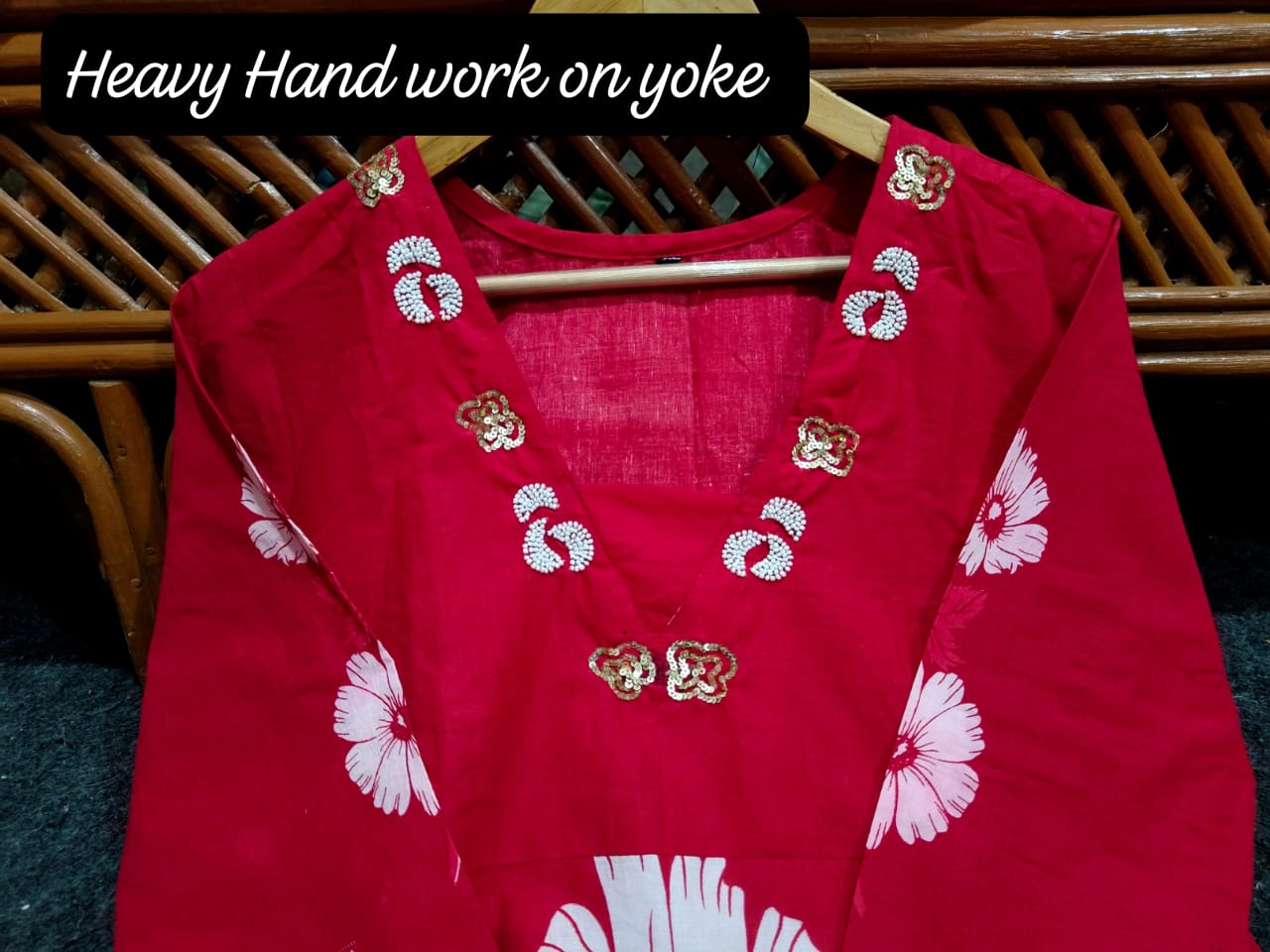Red Cotton Floral Print Kurti Set with Malmal Dupatta – Yoke Work | 60x60 Cotton