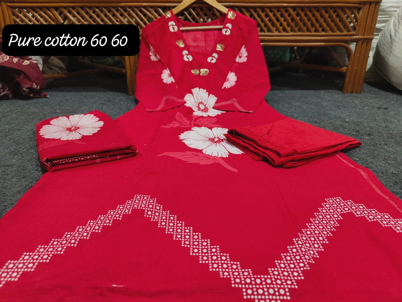 Red Cotton Floral Print Kurti Set with Malmal Dupatta – Yoke Work | 60x60 Cotton