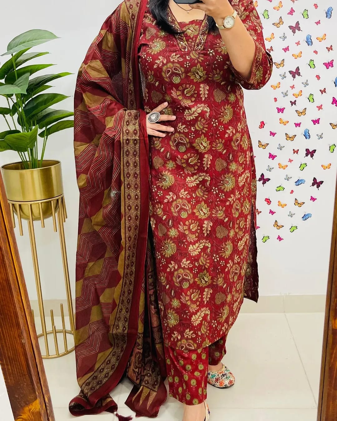 Red Cotton Flowy Kurta Set with Mulmul Dupatta - 3 Piece Suit