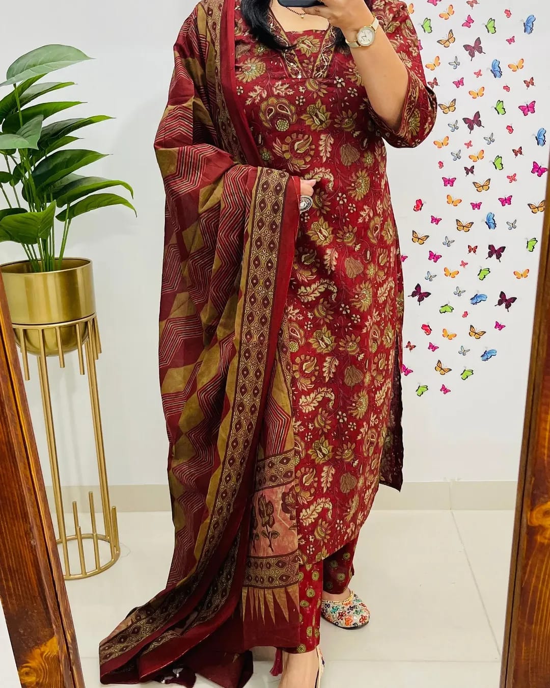 Red Cotton Flowy Kurta Set with Mulmul Dupatta - 3 Piece Suit