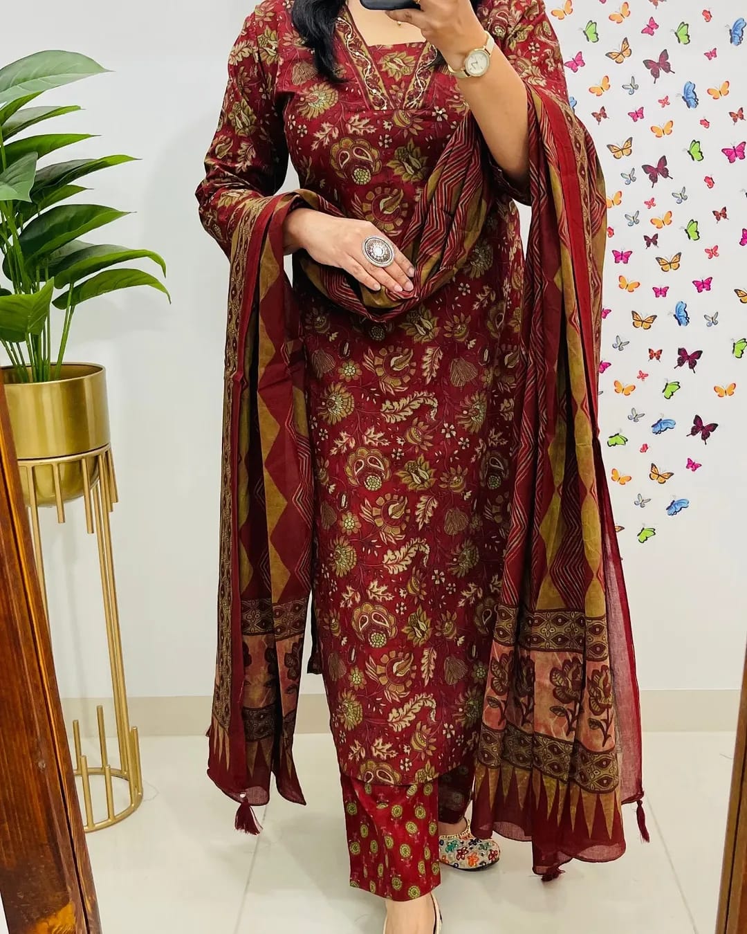 Red Cotton Flowy Kurta Set with Mulmul Dupatta - 3 Piece Suit