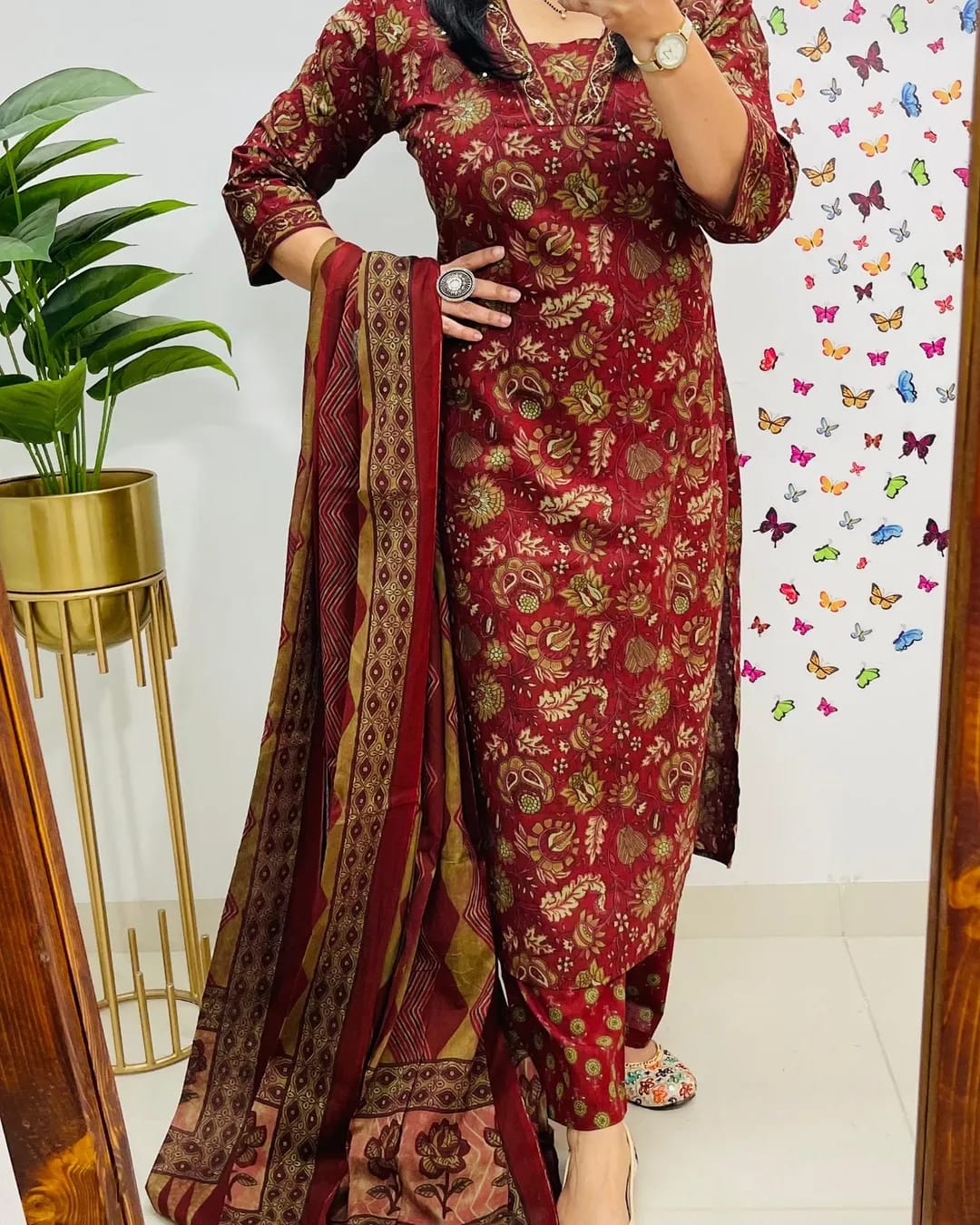 Red Cotton Flowy Kurta Set with Mulmul Dupatta - 3 Piece Suit