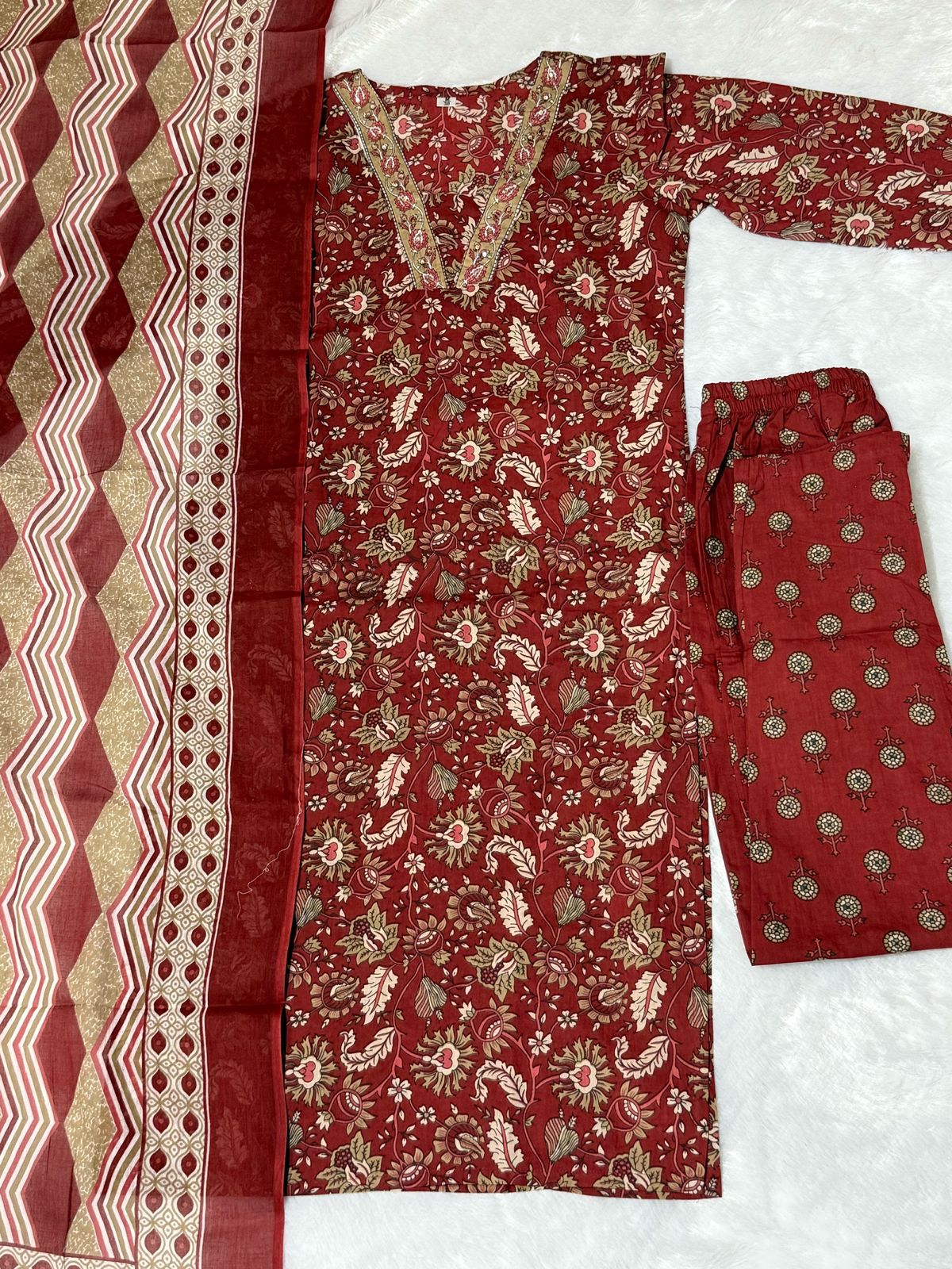 Red Cotton Flowy Kurta Set with Mulmul Dupatta - 3 Piece Suit