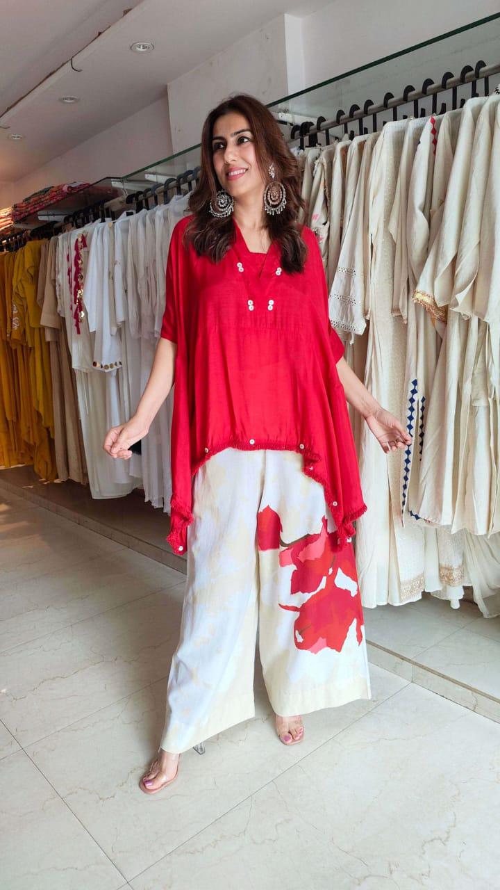 Red Cotton Loose Fit Co-Ord Set with Lace Work