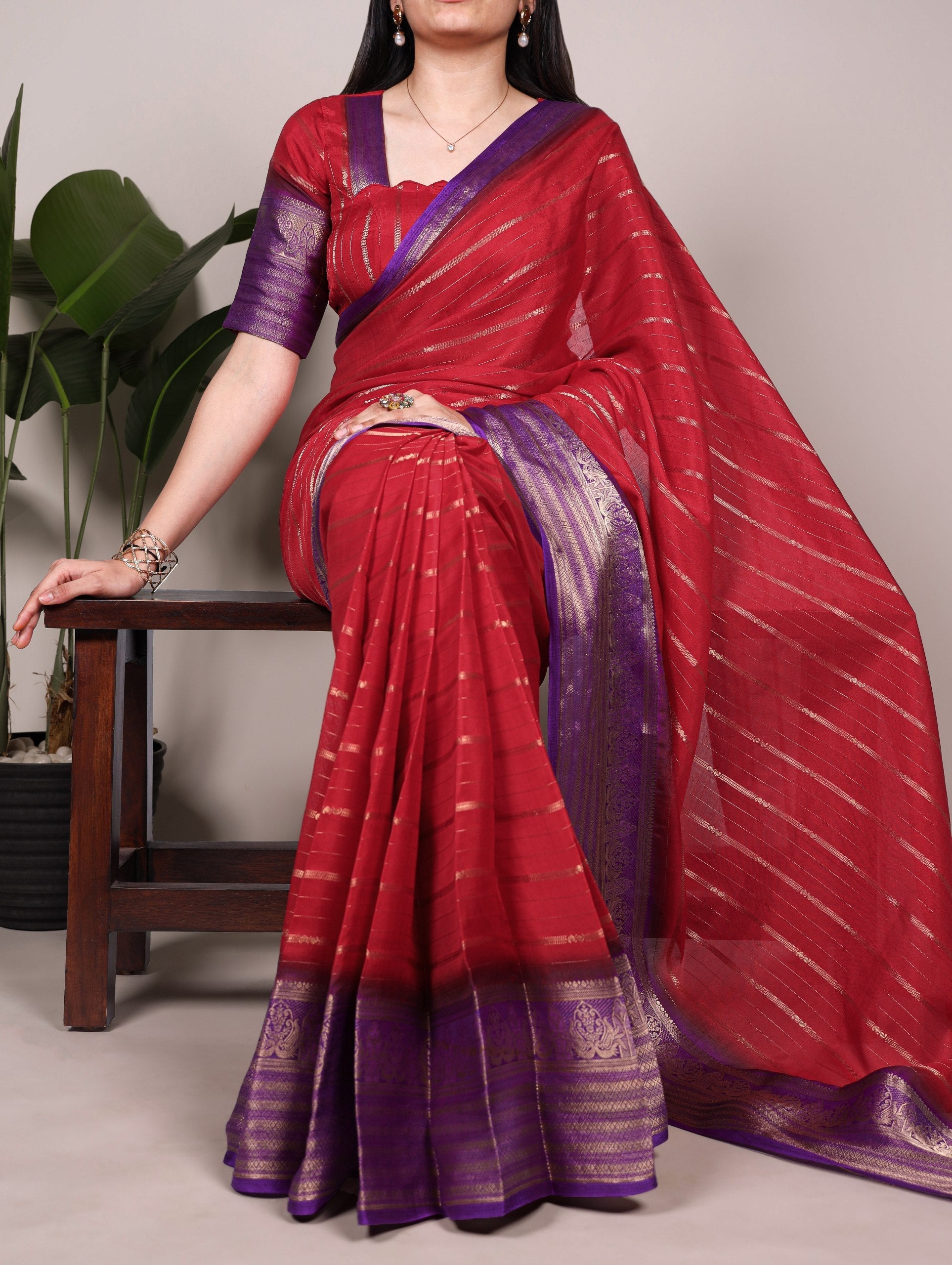 Red Designer Crepe Saree with Elegant Zari Weaving & Matching Unstitched Blouse – Festive & Party Wear
