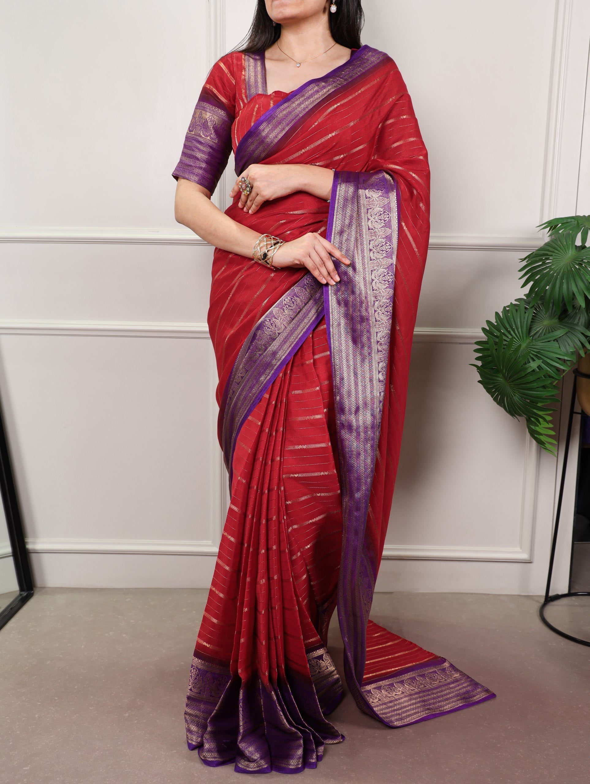Red Designer Crepe Saree with Elegant Zari Weaving & Matching Unstitched Blouse – Festive & Party Wear