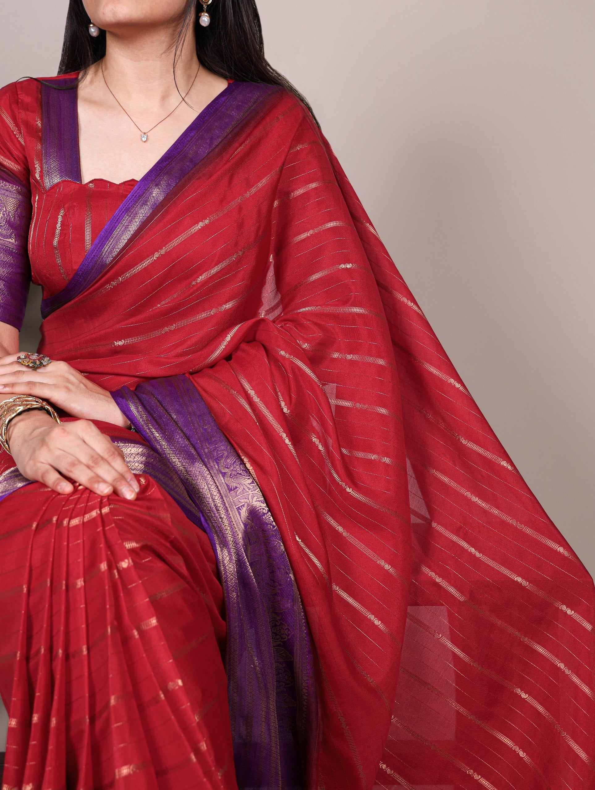 Red Designer Crepe Saree with Elegant Zari Weaving & Matching Unstitched Blouse – Festive & Party Wear