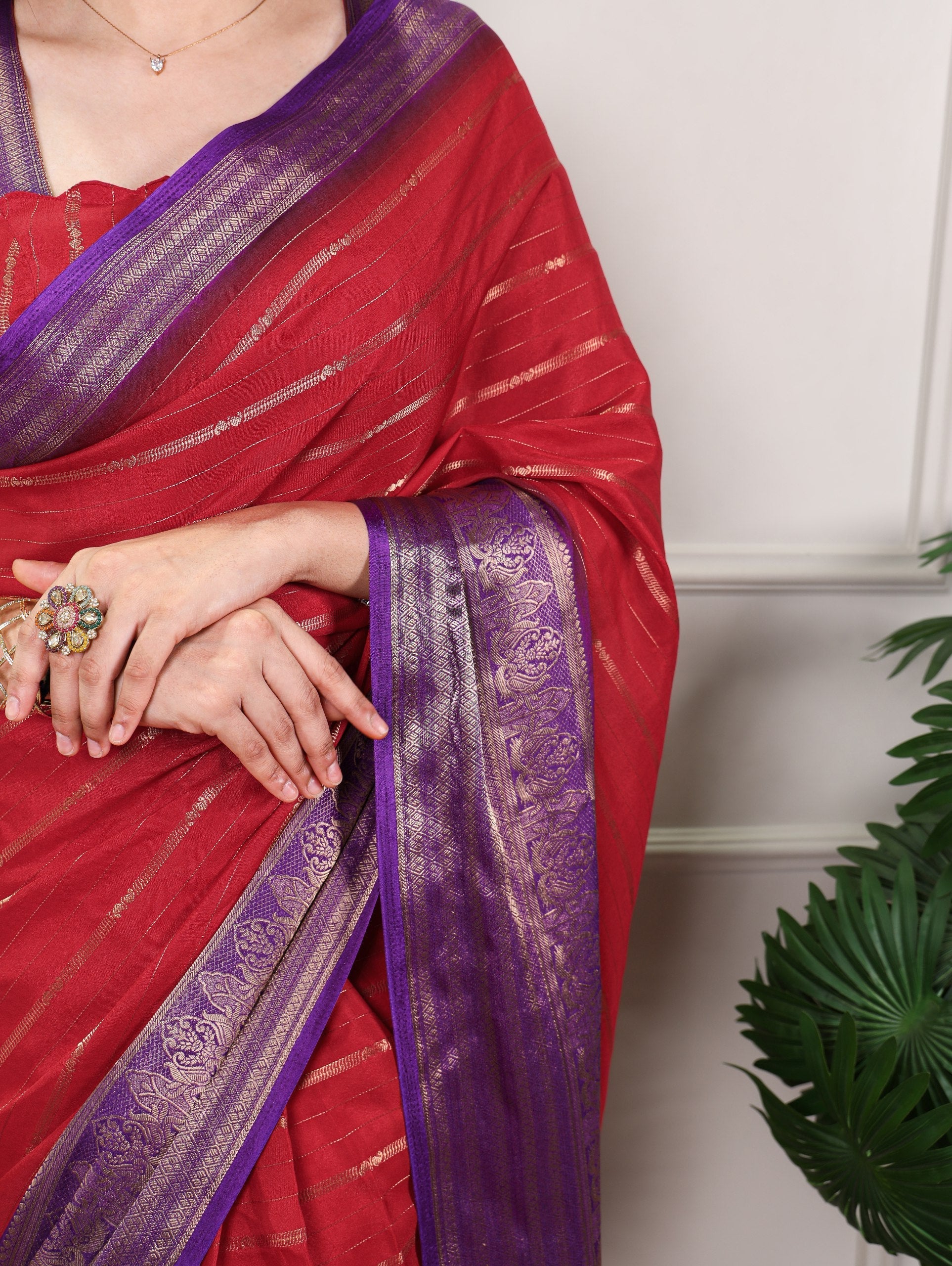 Red Designer Crepe Saree with Elegant Zari Weaving & Matching Unstitched Blouse – Festive & Party Wear