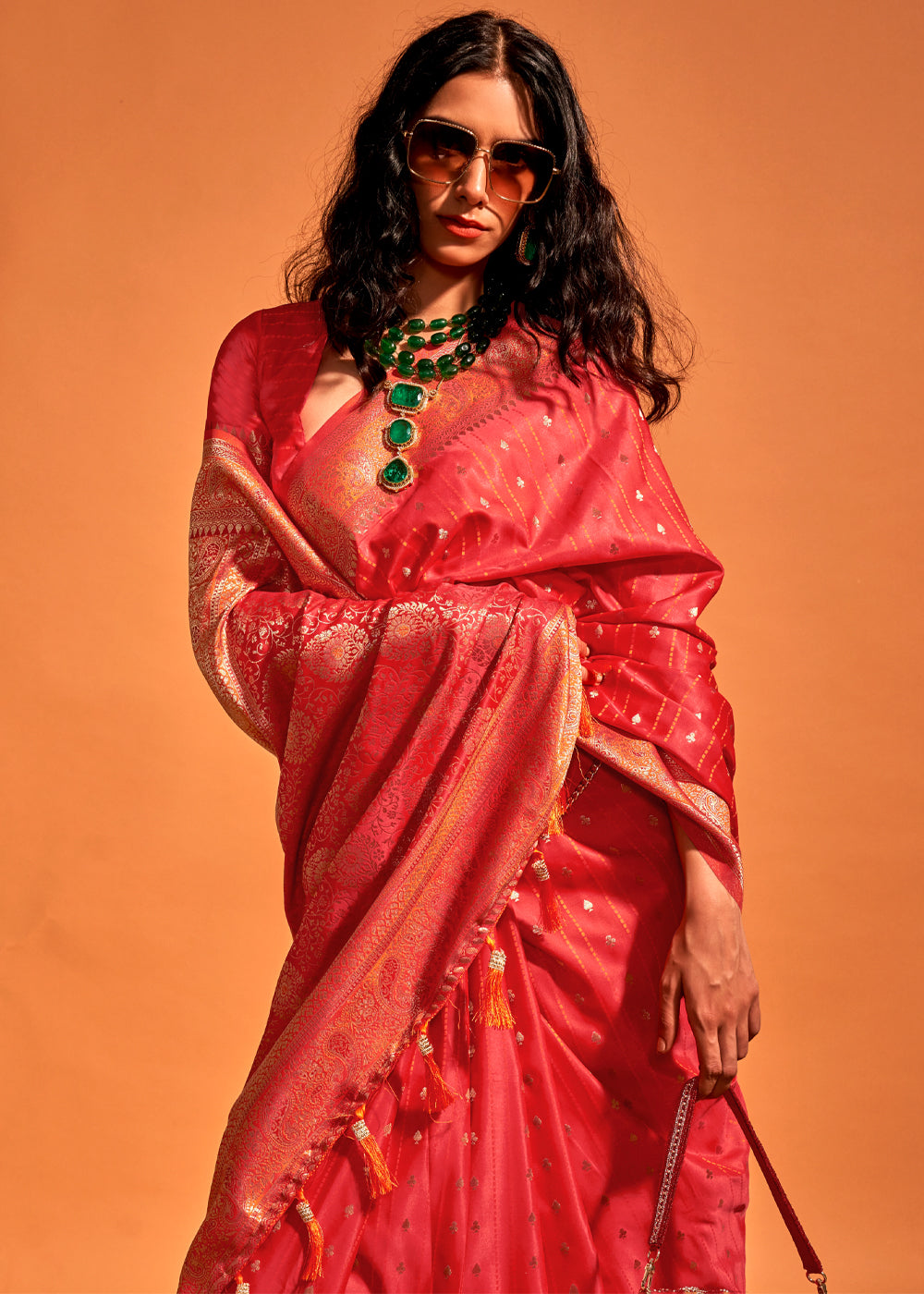 Red Designer Satin Silk Saree with Blouse Piece