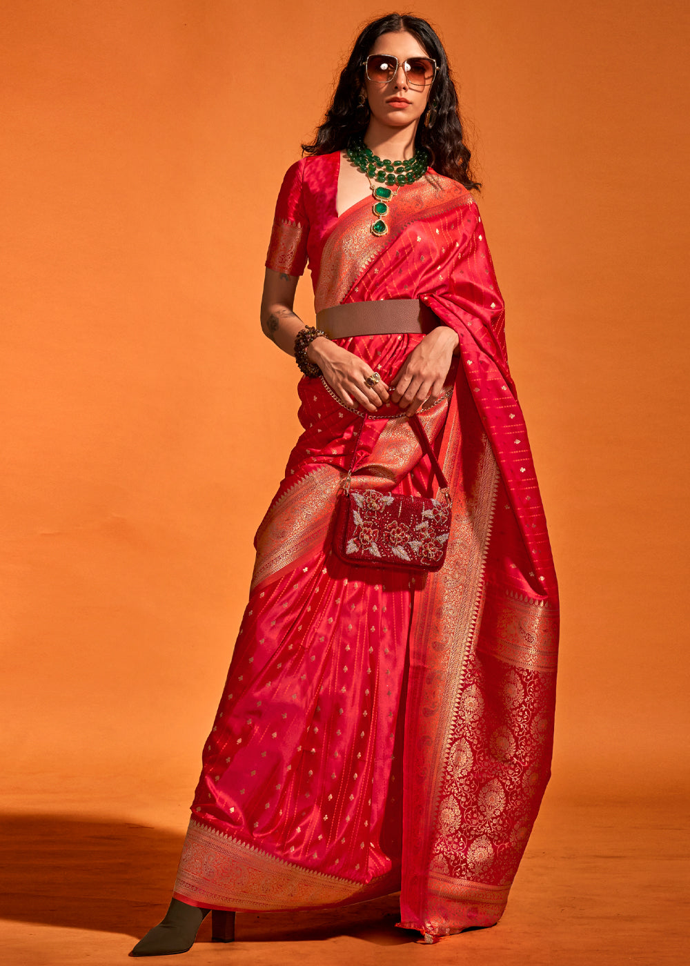 Red Designer Satin Silk Saree with Blouse Piece