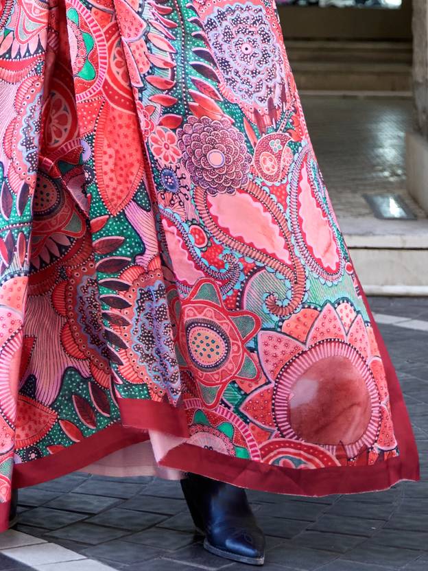 Red Digital Print Saree in Satin Silk Blend – Party & Wedding Wear