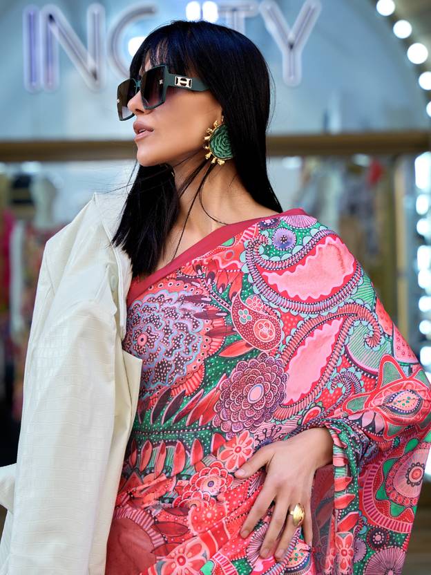 Red Digital Print Saree in Satin Silk Blend – Party & Wedding Wear