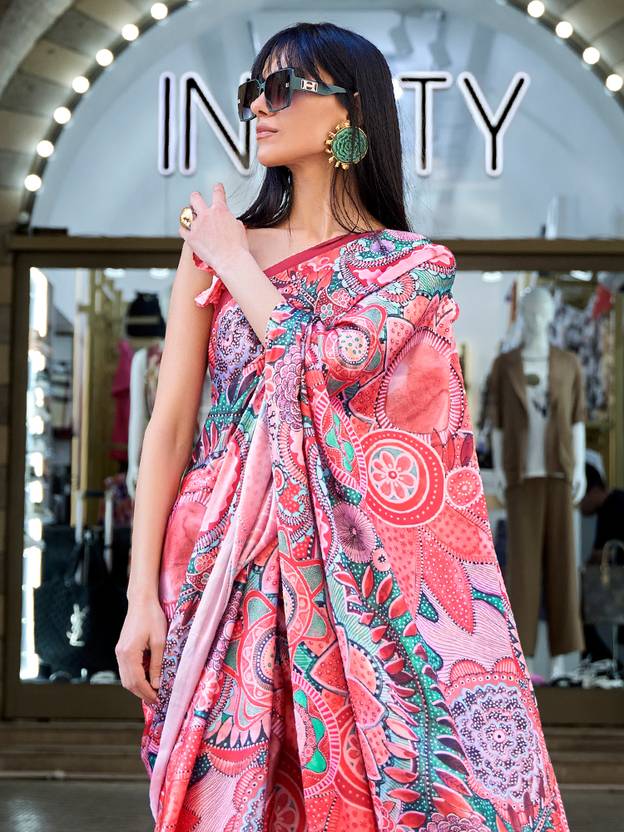 Red Digital Print Saree in Satin Silk Blend – Party & Wedding Wear