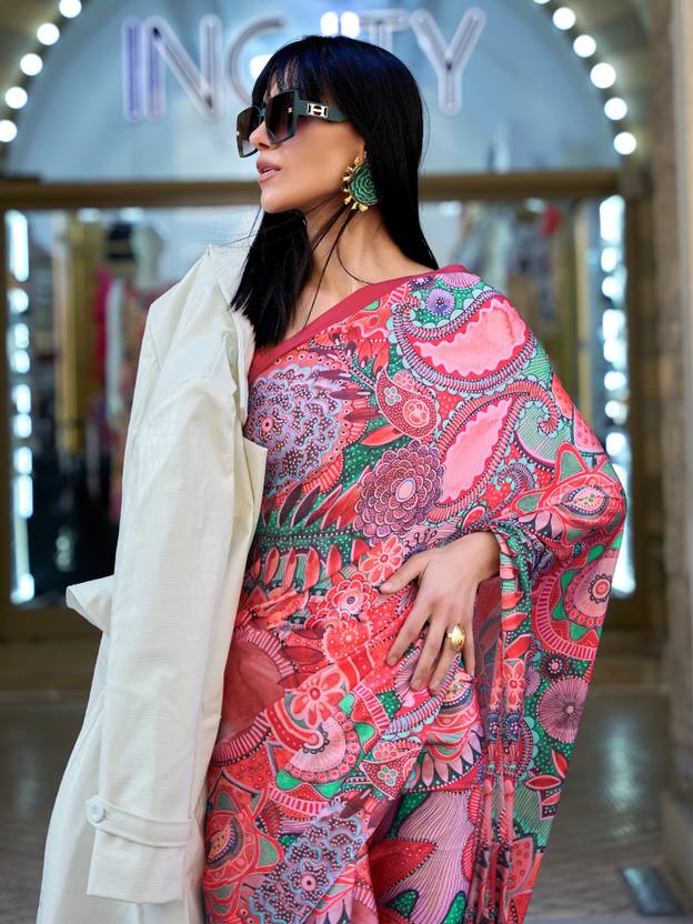 Red Digital Print Saree in Satin Silk Blend – Party & Wedding Wear