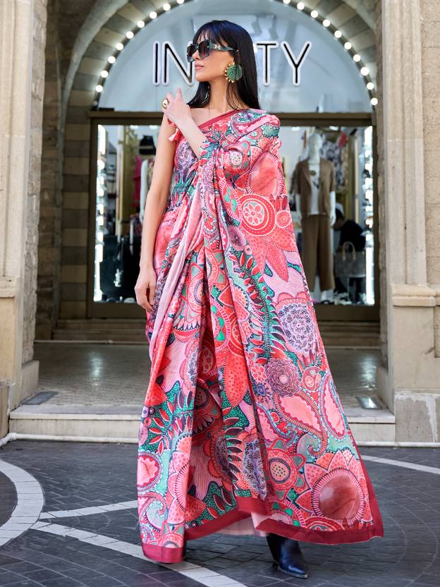 Red Digital Print Saree in Satin Silk Blend – Party & Wedding Wear